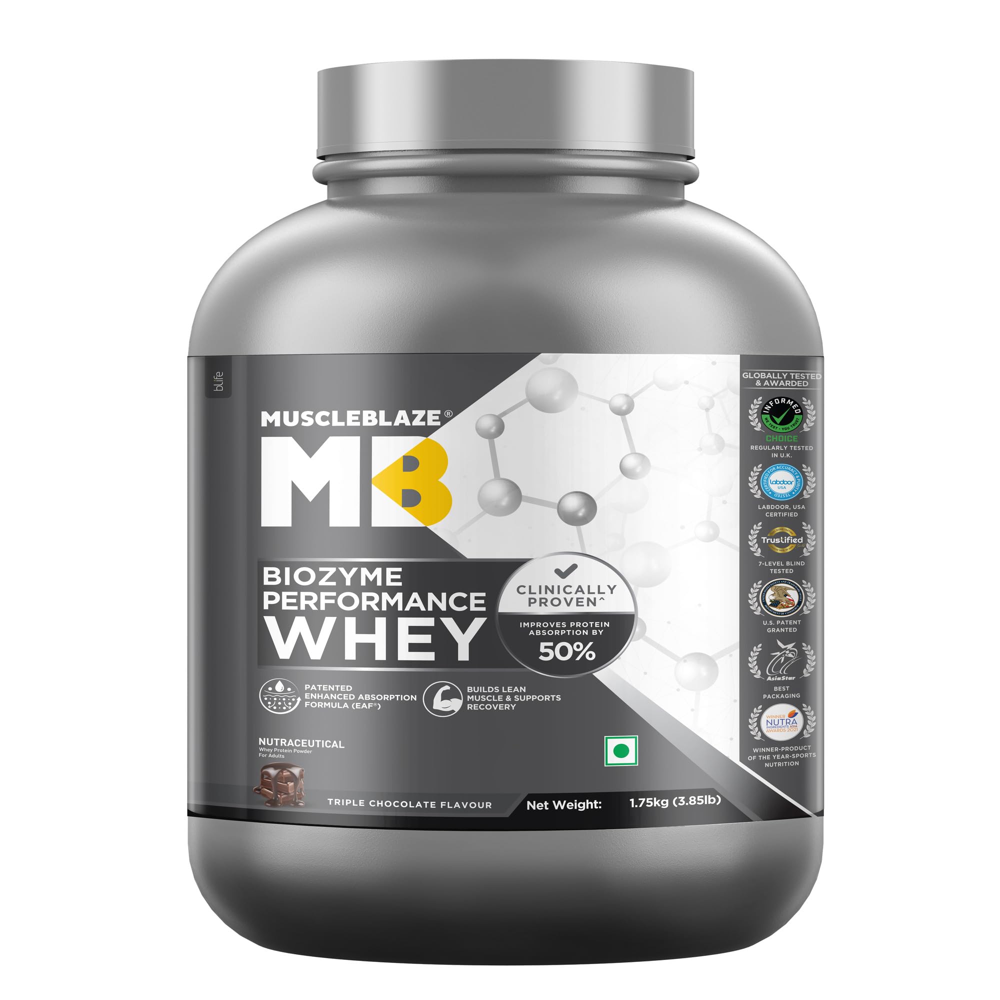 MuscleBlaze Biozyme Performance Whey Protein Powder - Triple Chocolate Flavor, 3.85lbs (1.75kg) | Clinically Proven 50% Faster Protein Absorption | Post-Workout Recovery & Muscle Building Supplement for Athletes & Fitness Enthusiasts