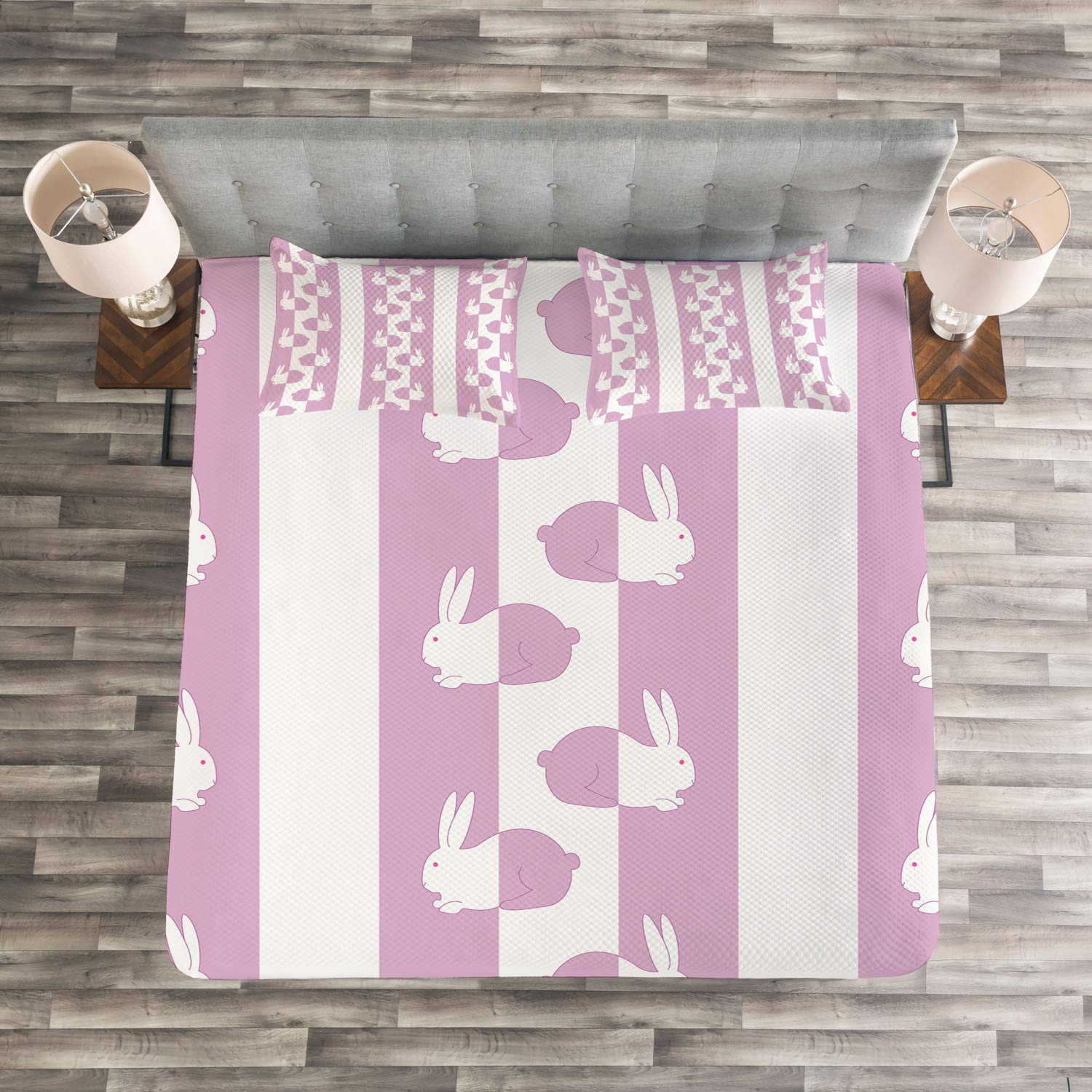 Ambesonne Easter Bunny Rabbits Bedspread Set - King Size 3 Piece Quilted Coverlet with 2 Pillow Shams, Pastel Animal Print Design in White & Pink - Perfect for Spring Decor, Easter Bedroom, Girls Room & Cozy Home Decor