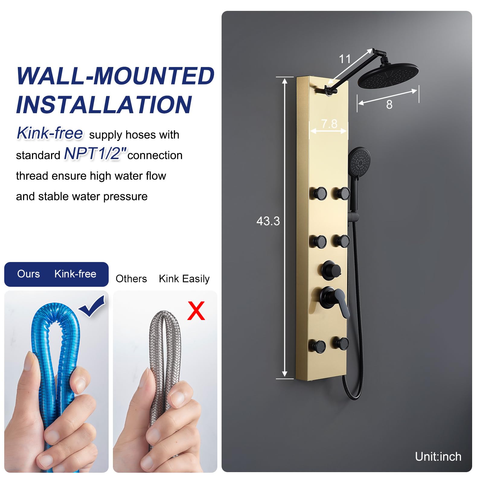 ROVATE Luxury Shower Panel Tower System - 6 Body Massage Jets & 5-Function Handheld Shower Head, Adjustable Rainfall Shower with Self-Cleaning Nozzles, Brushed Gold Stainless Steel Wall Mount Column - Perfect for Spa-Like Bathroom Experience & Modern Home Upgrade