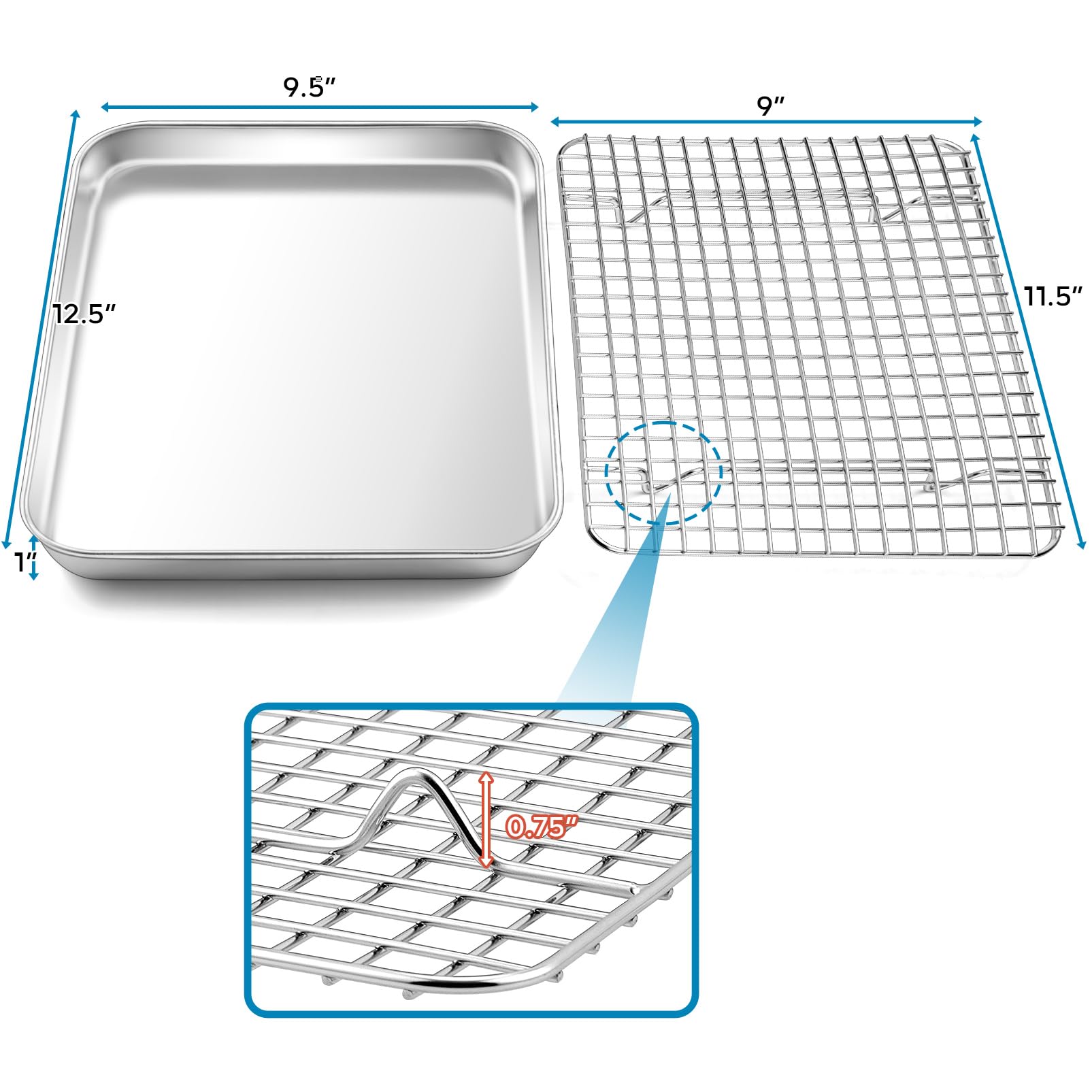 Stainless Steel Baking Pan Set with Rack - 12.5x10 Inch Toaster Oven Baking Tray & Cooling Rack for Roasting, Baking, Cookies, Pizza - Heavy Duty & Dishwasher Safe (2-Piece Set) - Perfect for Home Baking, Meal Prep & Holiday Cooking