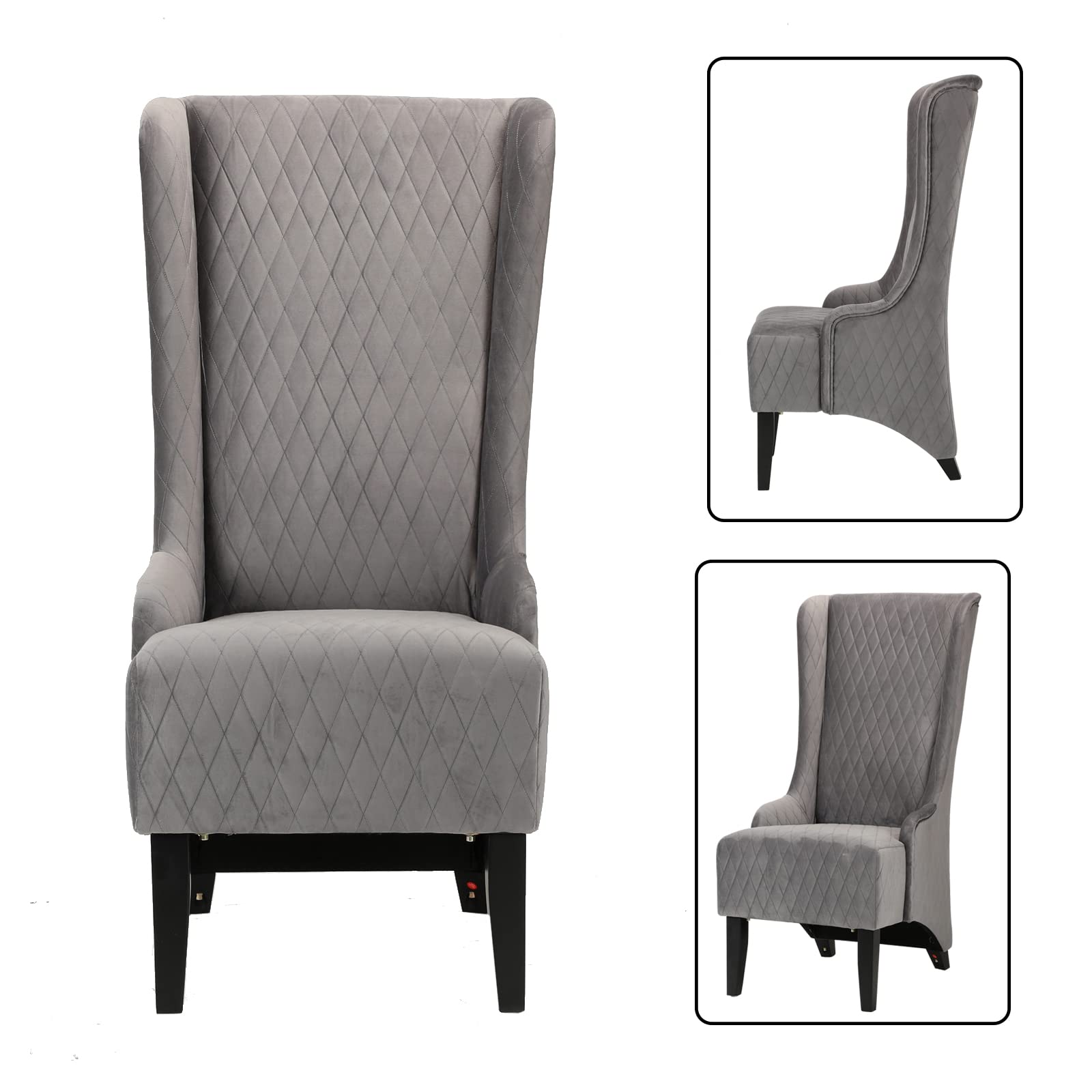 Luxury Velvet Wingback Accent Chair with Tufted Design & Solid Wood Legs - Modern Living Room Armchair for Home Office, Bedroom or Reading Nook - Grey Upholstered High Back Comfort Chair (Fabric Sofa Chair)
