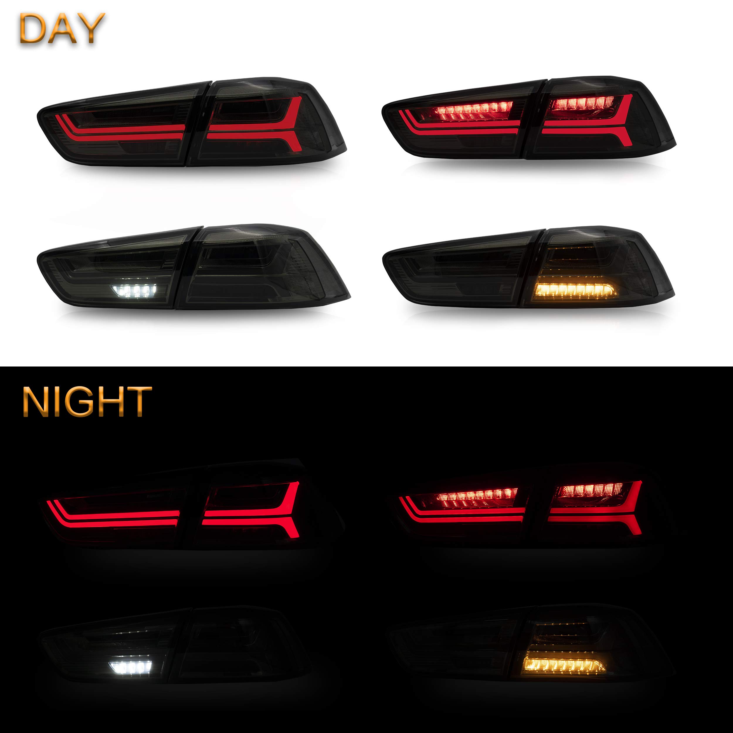 VLAND Smoked Tail Lights Assembly for Mitsubishi Lancer & EVO X 2008-2020 - DRL, Sequential Turn Signal & Fog Lights - Perfect for Night Driving & Car Customization (Not for Sportbacks/Fortis/IO)