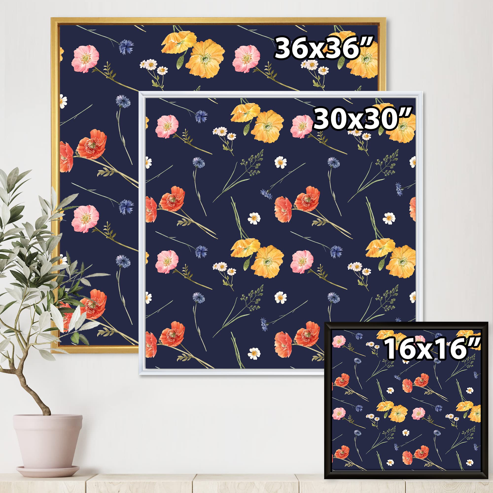 Traditional Framed Canvas Wall Art Print - Orange & Yellow Wild Flowers on Dark Blue Design | Home Decor, Living Room, Bedroom, Office Wall Art