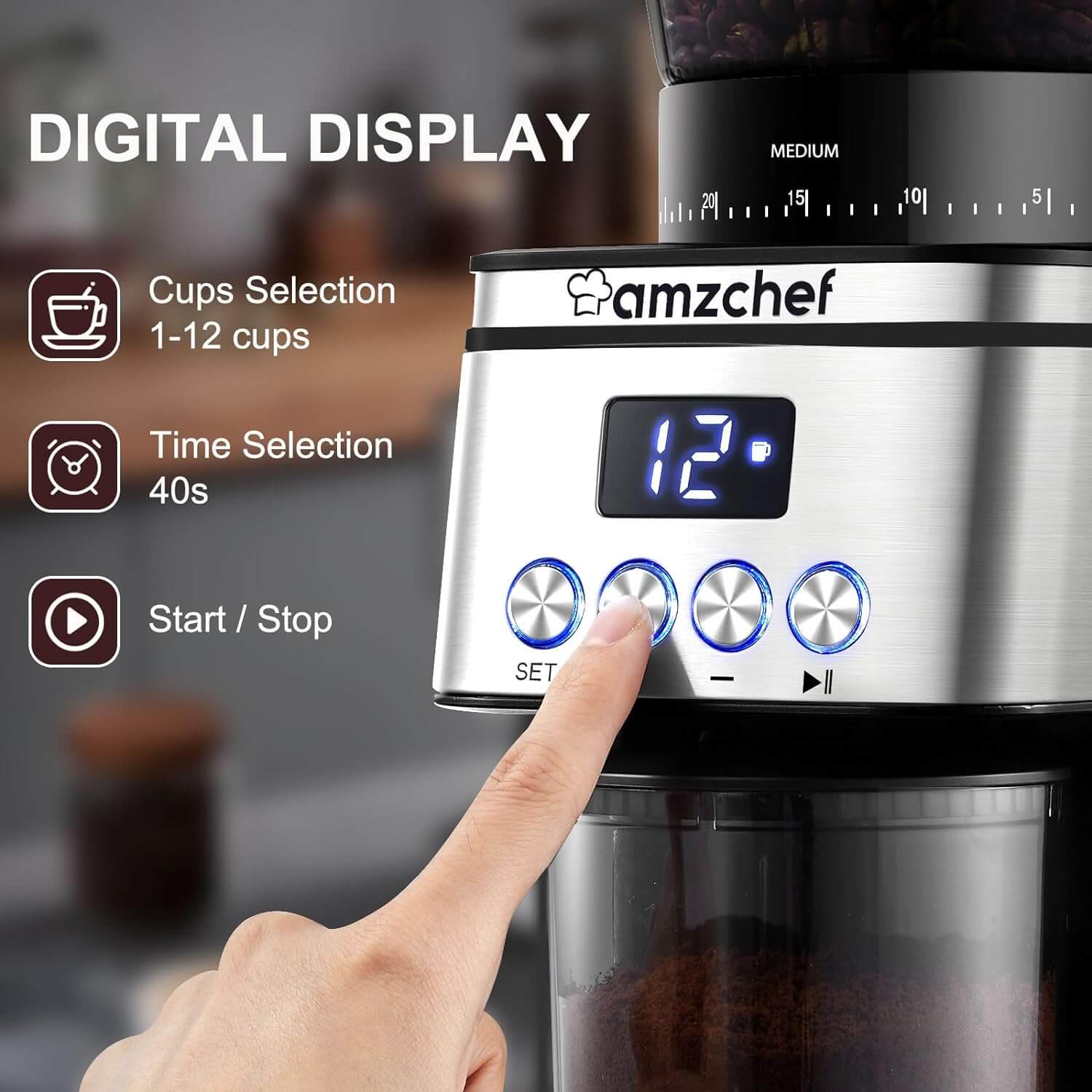 AMZCHEF Electric Coffee Grinder with 30 Precise Settings - Fresh Ground Coffee for Espresso, Drip & French Press - Perfect for Home & Office Use
