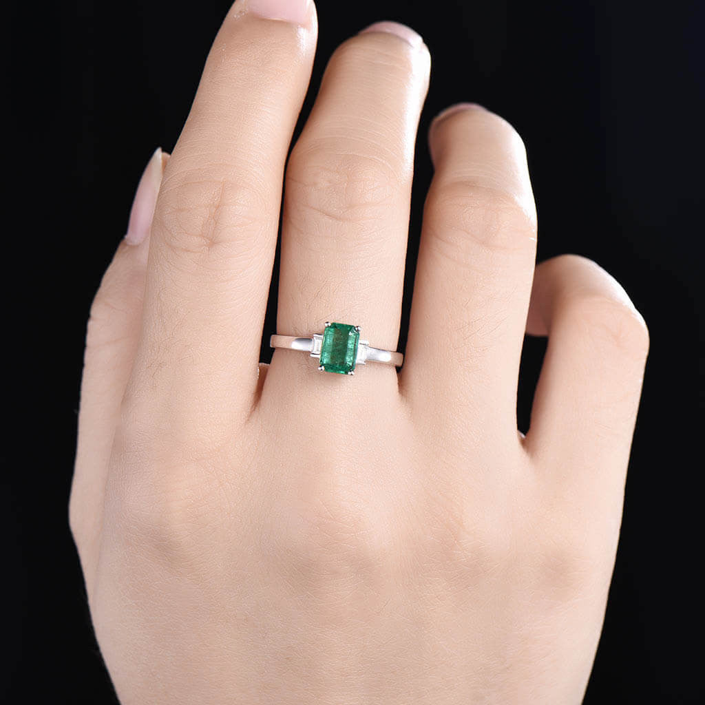 Vintage Natural Emerald Cut Emerald & Baguette Diamond Three Stone Engagement Ring - Perfect for Proposal, Anniversary & Wedding Jewelry Gift