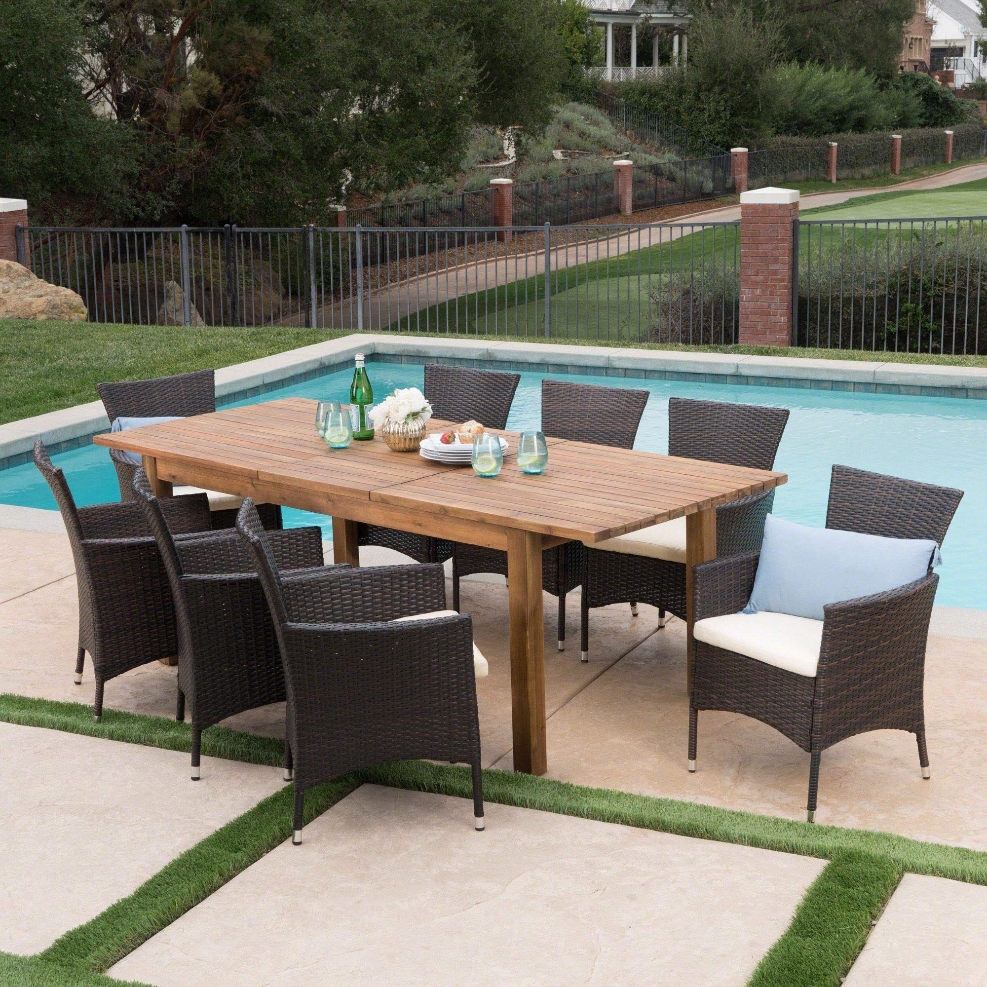 9-Piece Teak Brown Outdoor Dining Set with Beige Cushions - Expandable Patio Furniture for Garden, Poolside & Backyard Entertaining