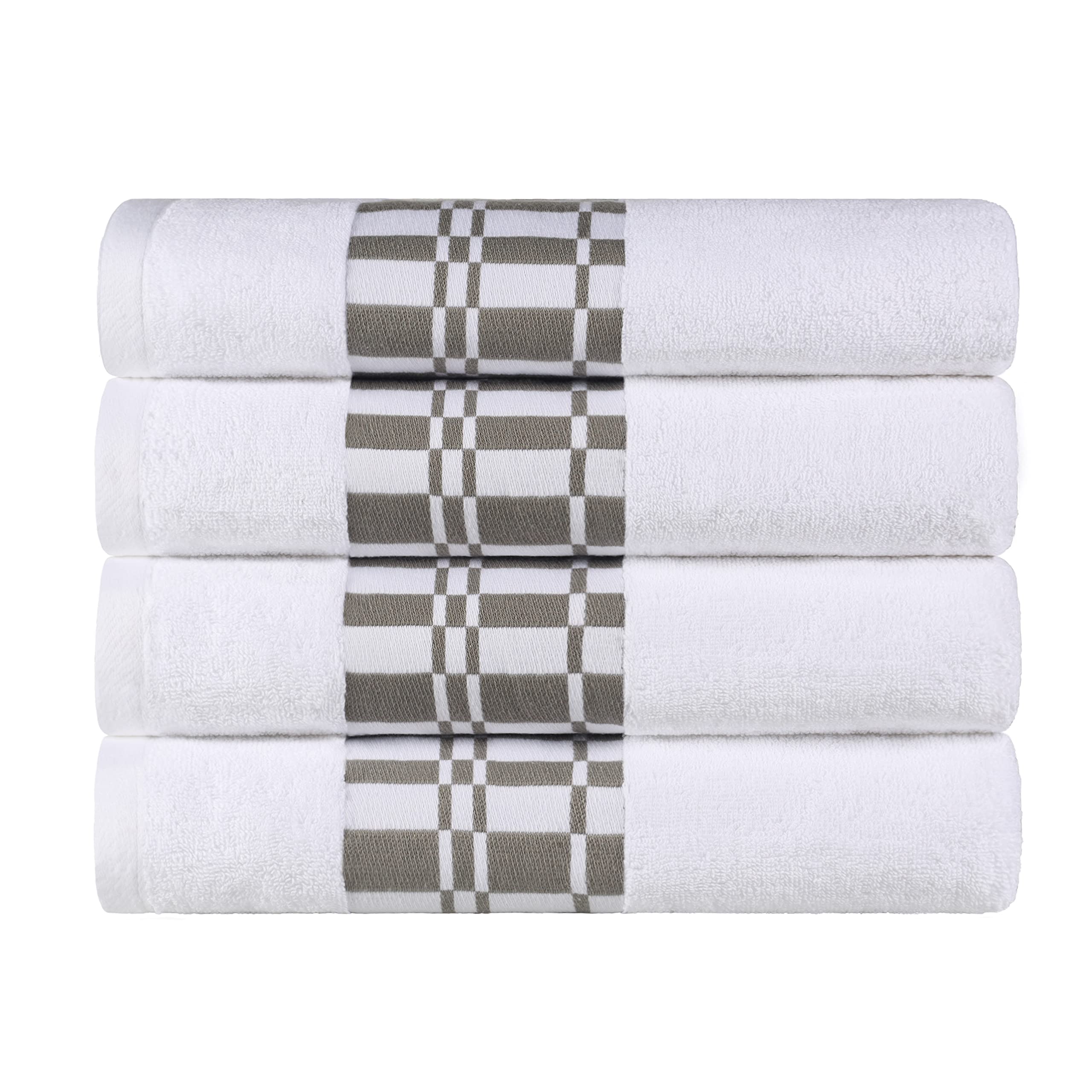 Premium 4-Piece Cotton Bath Towel Set with Geometric Design & Dobby Border - Soft Absorbent Body Towels for Bathroom, Spa, Resort & Home Use - Perfect for Adults & Kids - Larissa Collection in White - Ideal for Guest Bathrooms, Hotels, Airbnb & Luxury Home Essentials