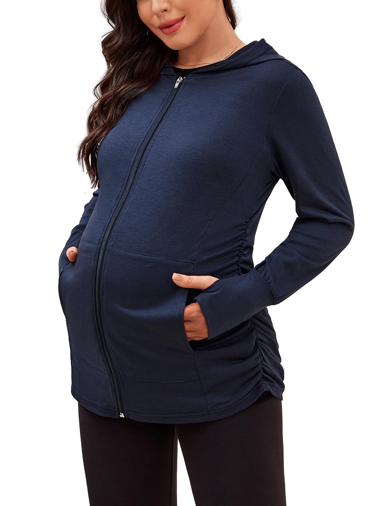 DEBELLY Maternity Hoodie - Women's Full Zip Long Sleeve Pregnancy Sweatshirt with Pockets & Thumb Holes | Comfortable Side Ruching for Bump Support | Perfect for Casual Wear, Nursing & Maternity Photos