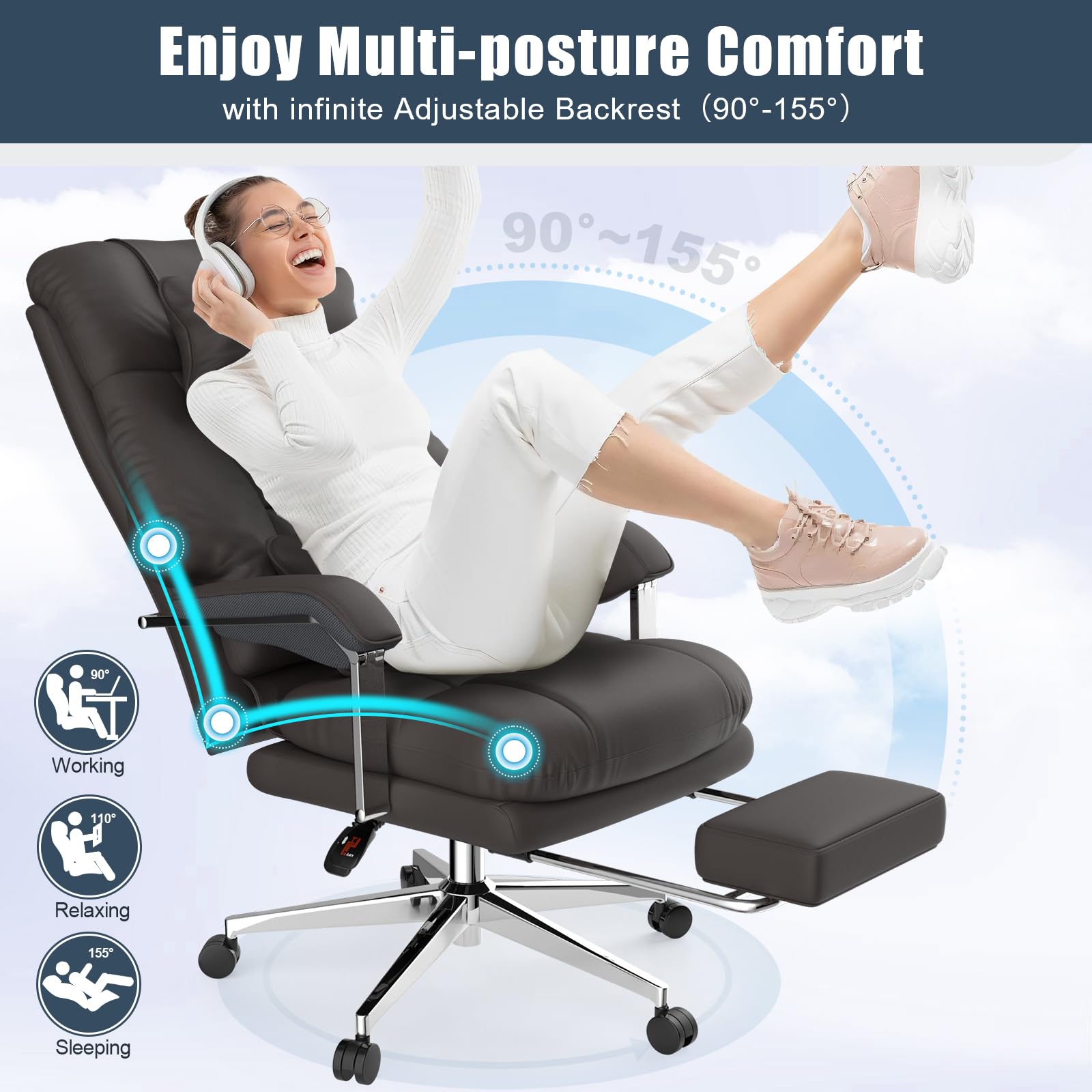 Big and Tall Office Chair for Heavy People 500lbs - High Back Ergonomic Executive Chair with Adjustable Headrest & Footrest - PU Leather Computer Desk Chair for Home Office (Black) - Perfect for Long Work Hours and Gaming Sessions