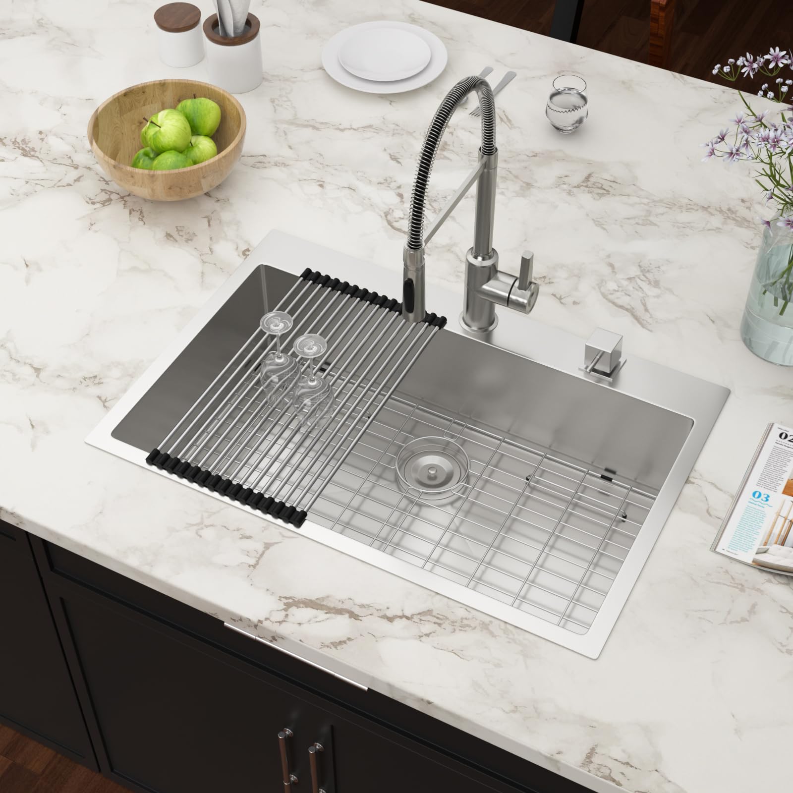 33x22 Drop In Kitchen Sink - Couoko Stainless Steel 16 Gauge 33 Inch Single Bowl Round Corner Topmount Sink, Deep Basin Overmount for Modern and Compact Kitchens