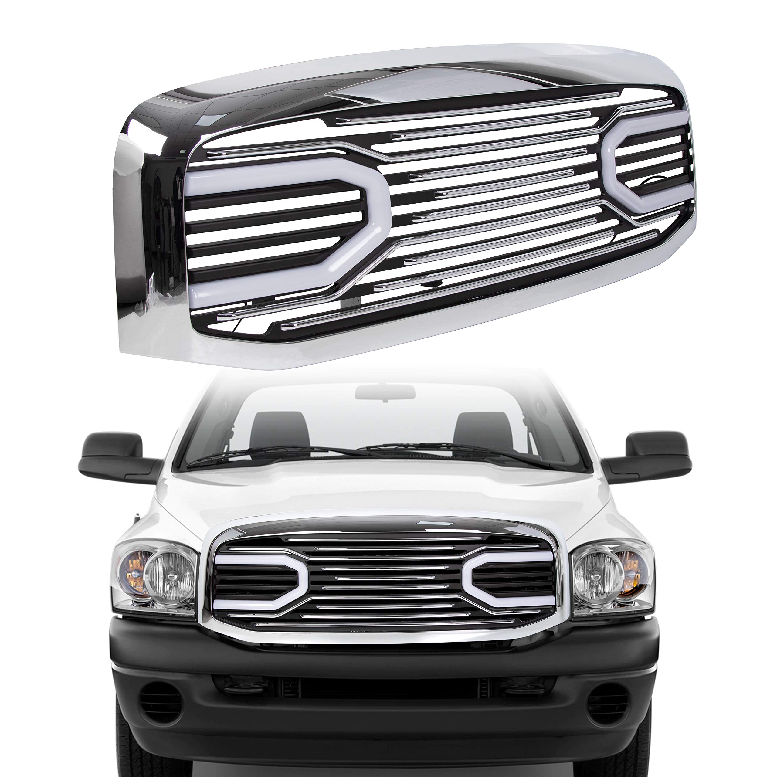 ECOTRIC Chrome Front Horn Grille with LED Light Compatible for 2006-2009 Dodge RAM 2500/3500 & 2006-2008 RAM 1500 - Replacement Shell for Off-Road & Truck Customization