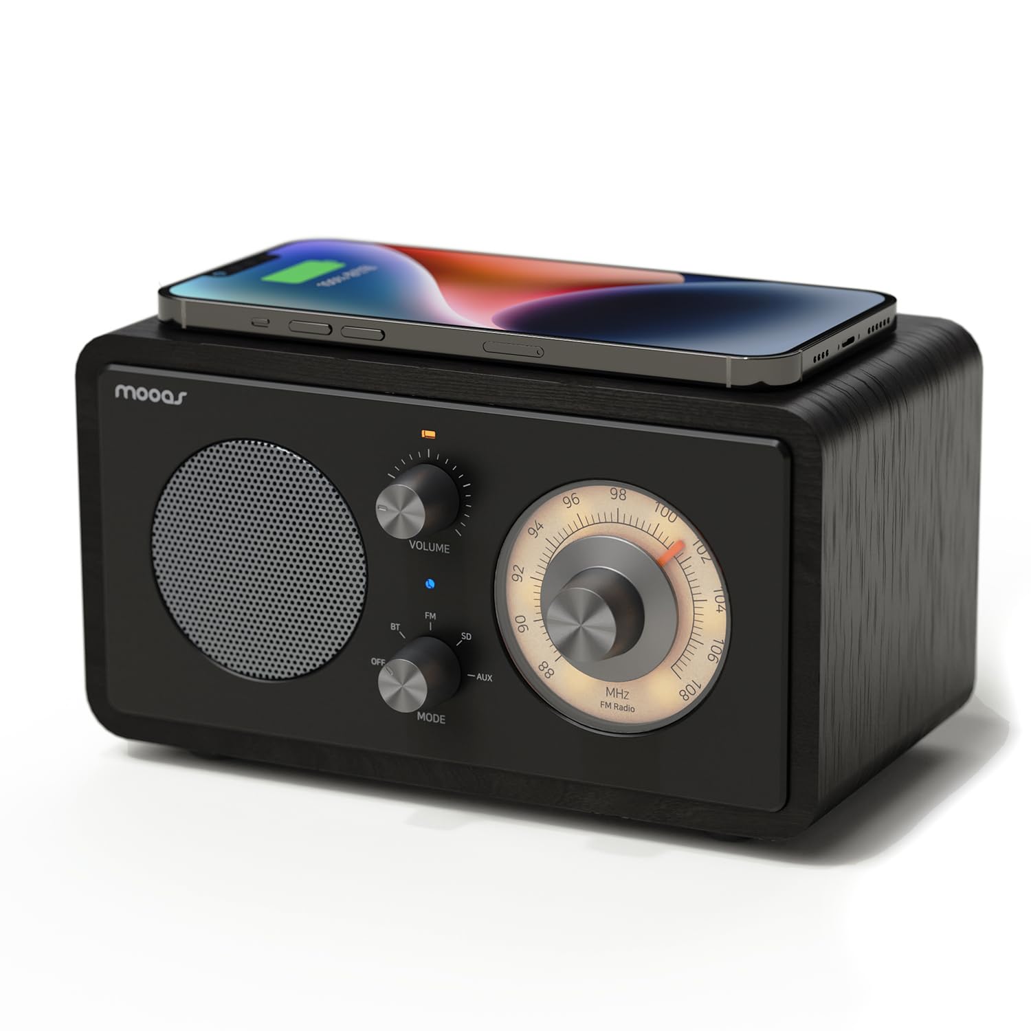 Mooas Retro Bluetooth Speaker with Wireless Charging - 10W Fast Charger, FM Radio, SD/Aux Input, Analog Volume Knob - Compatible with iPhone, Galaxy, Airpods, Galaxy Buds - Perfect for Home, Office & Outdoor Use