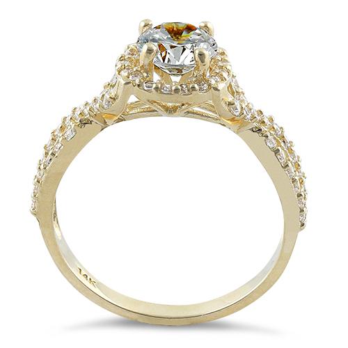 14K Yellow Gold Twist Round Halo Engagement Ring with Clear CZ Stones - Perfect for Proposals, Anniversaries & Bridal Jewelry