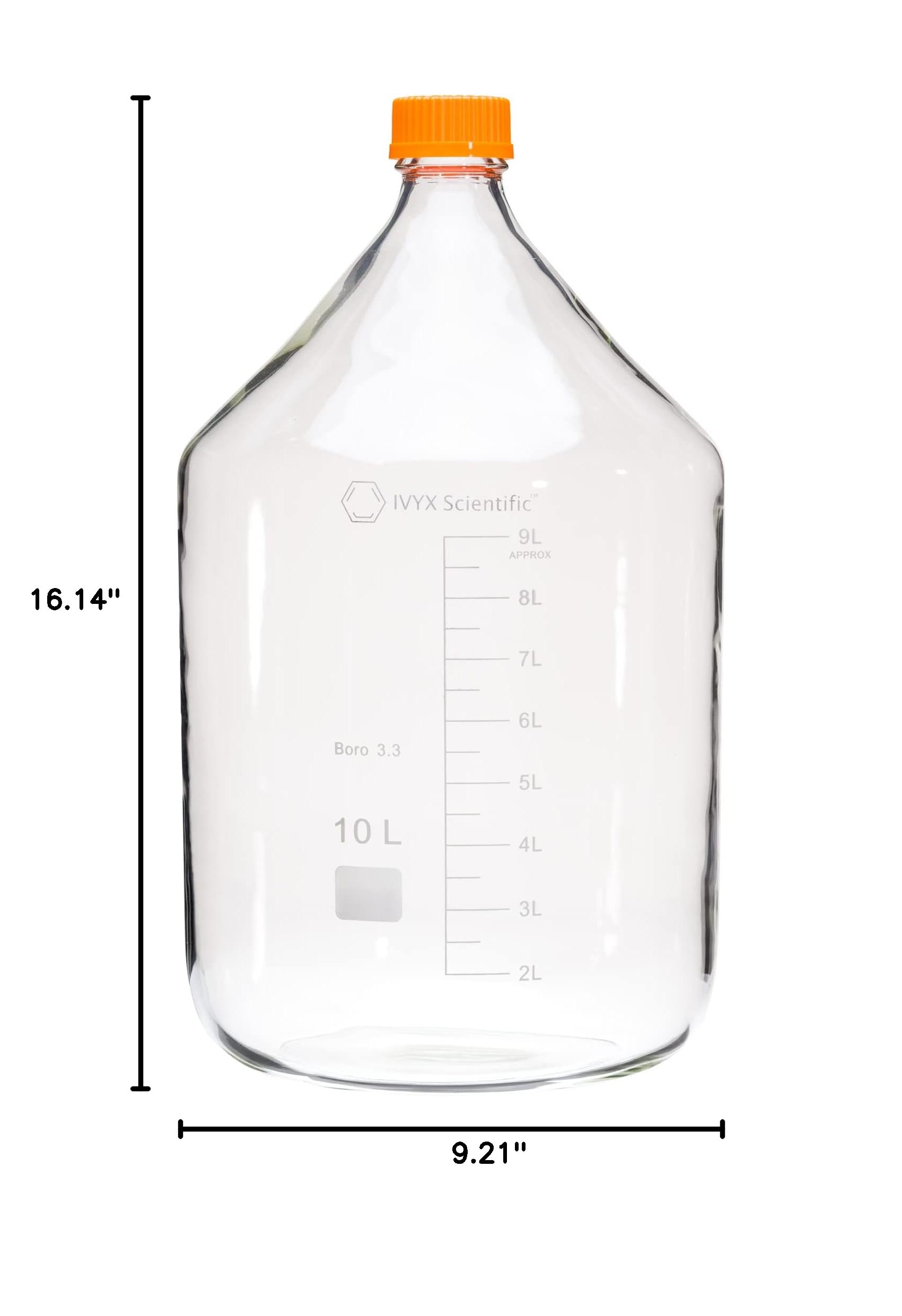 IVYX Scientific 10L Round Media Storage Bottle - Borosilicate Glass with GL45 Screw Cap - Lab-Grade Chemical & Liquid Container for Laboratory, Pharmacy & Industrial Use