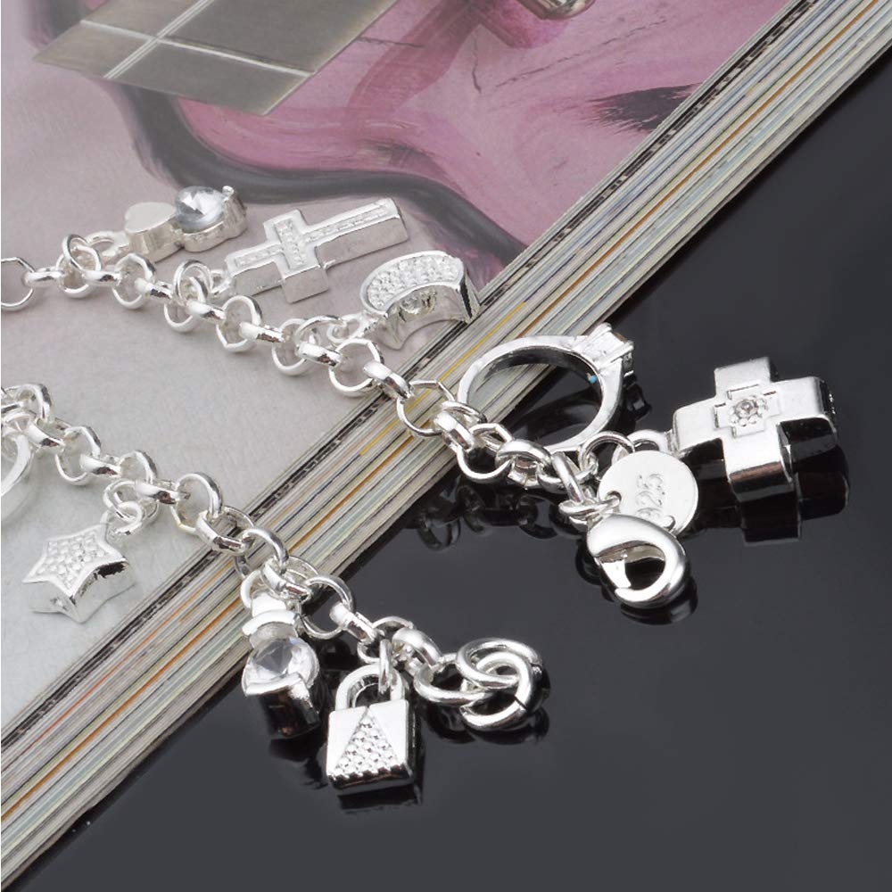 Aeora S925 Sterling Silver 13-Piece Charm Bracelet for Women - Elegant Gift for Her, Trendy Jewelry for Everyday Wear & Special Occasions