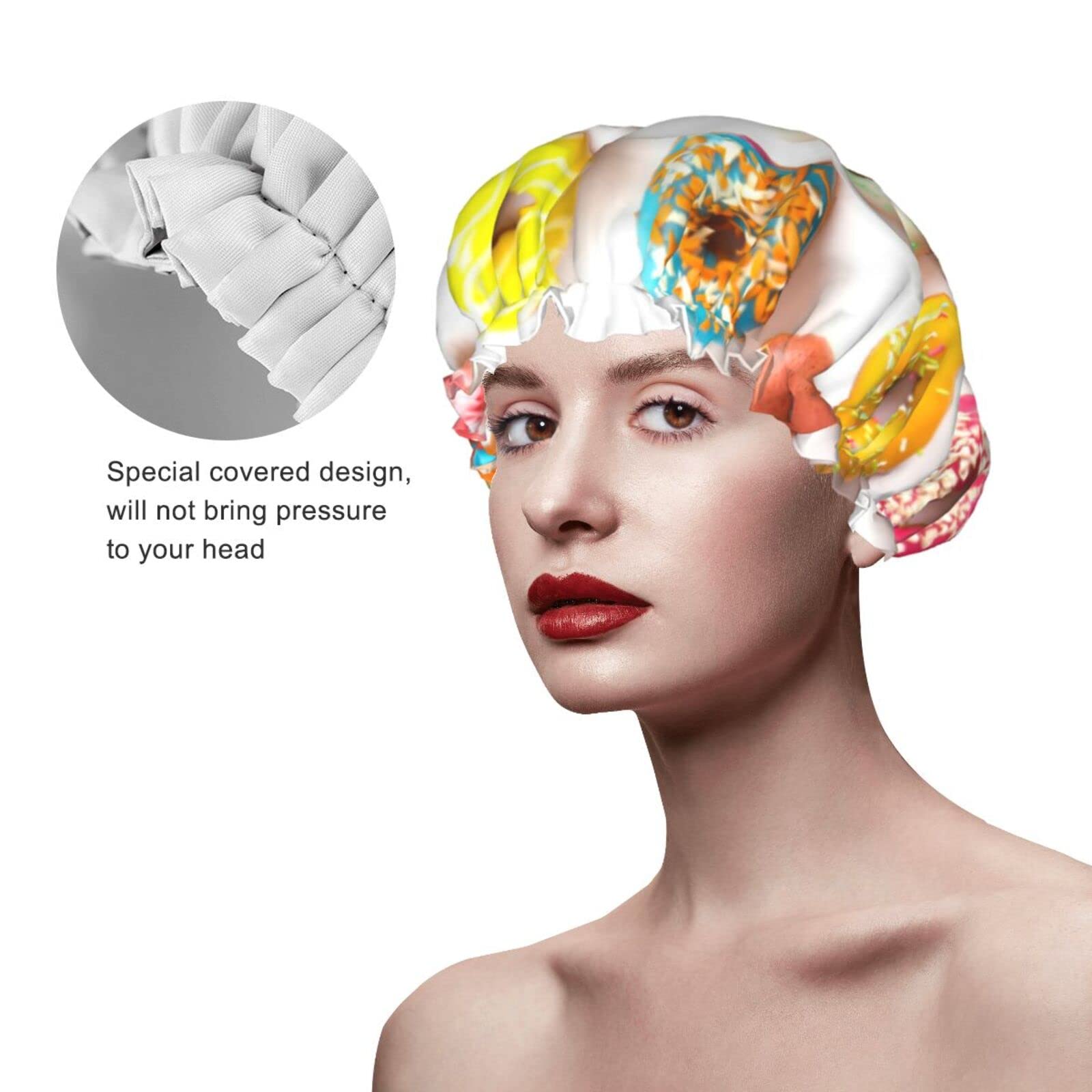 Different Flavors of Donuts Shower Cap for Women - Reusable & Double Waterproof Bathing Hair Cap for Shower - Perfect for Spa, Swimming, Hair Care & Beauty Routines