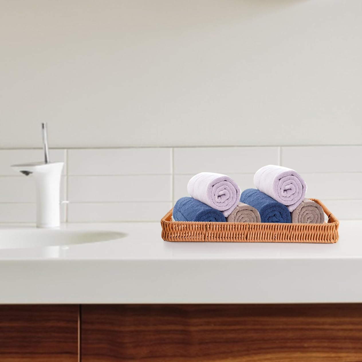 Yarlung 3-Pack Woven Storage Baskets with Handles - Rectangular Poly Wicker Serving Trays for Bread, Fruit, Vegetables, Snacks & Drinks - Perfect for Breakfast, Dining Table, Coffee Table & Kitchen Organization (3 Sizes)