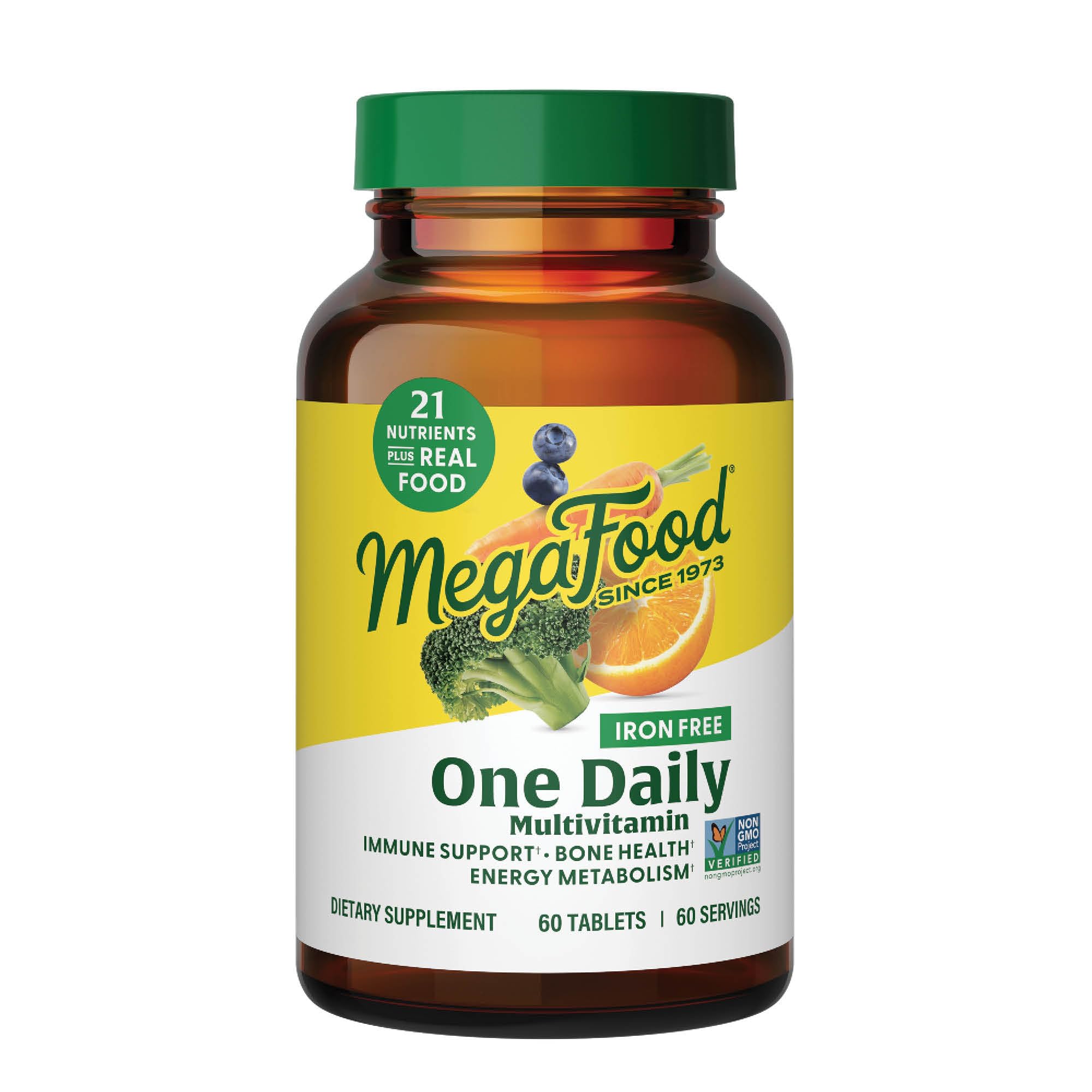 MegaFood One Daily Iron Free Multivitamin for Women & Men - Vegetarian Non-GMO Multivitamin with Real Food - Supports Immune System, Bone Health & Energy Metabolism - 60 Tablets - Perfect for Daily Wellness & Active Lifestyle
