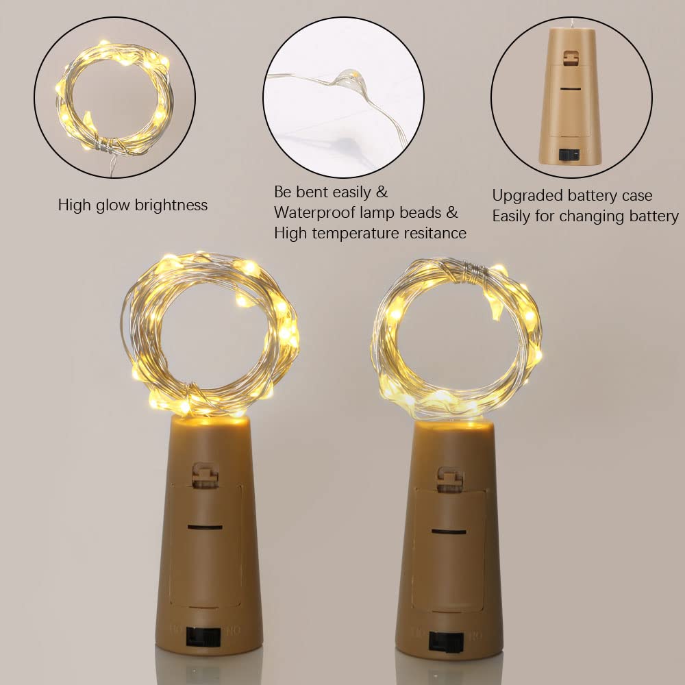Vicloon 10 Pack Cork Lights for Bottles - 2M 20 LED Battery Operated Fairy String Lights with Silver Wire, Warm White LED Bottle Lights for Wedding, Christmas, Party, Home, Bar, DIY Decorations