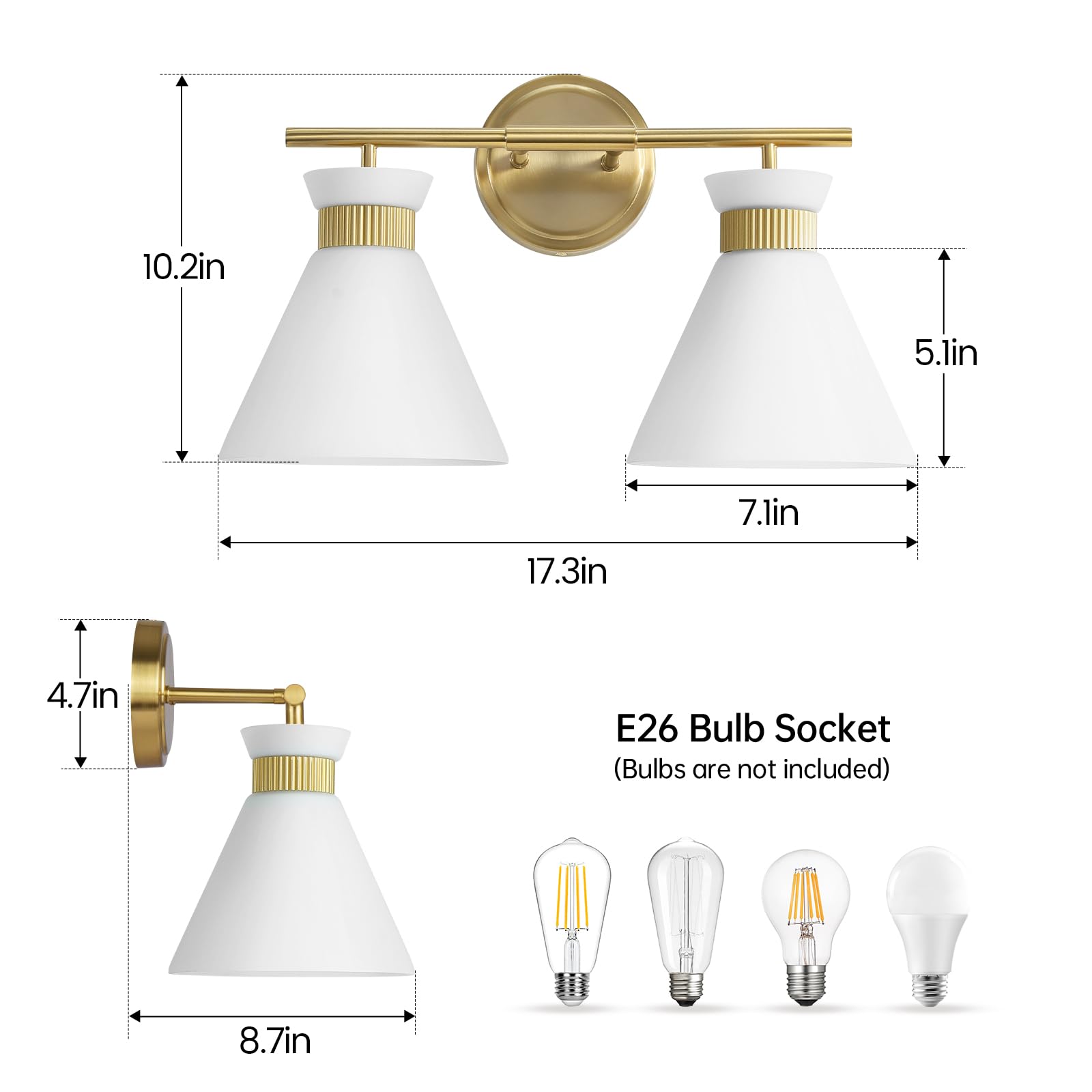 WOSHITU Mid Century Modern Bathroom Vanity Light Fixtures - 2 Light Brass Gold Wall Sconce with Frosted Milky Glass for Mirror Lighting | Perfect for Bathroom, Bedroom & Hallway Décor