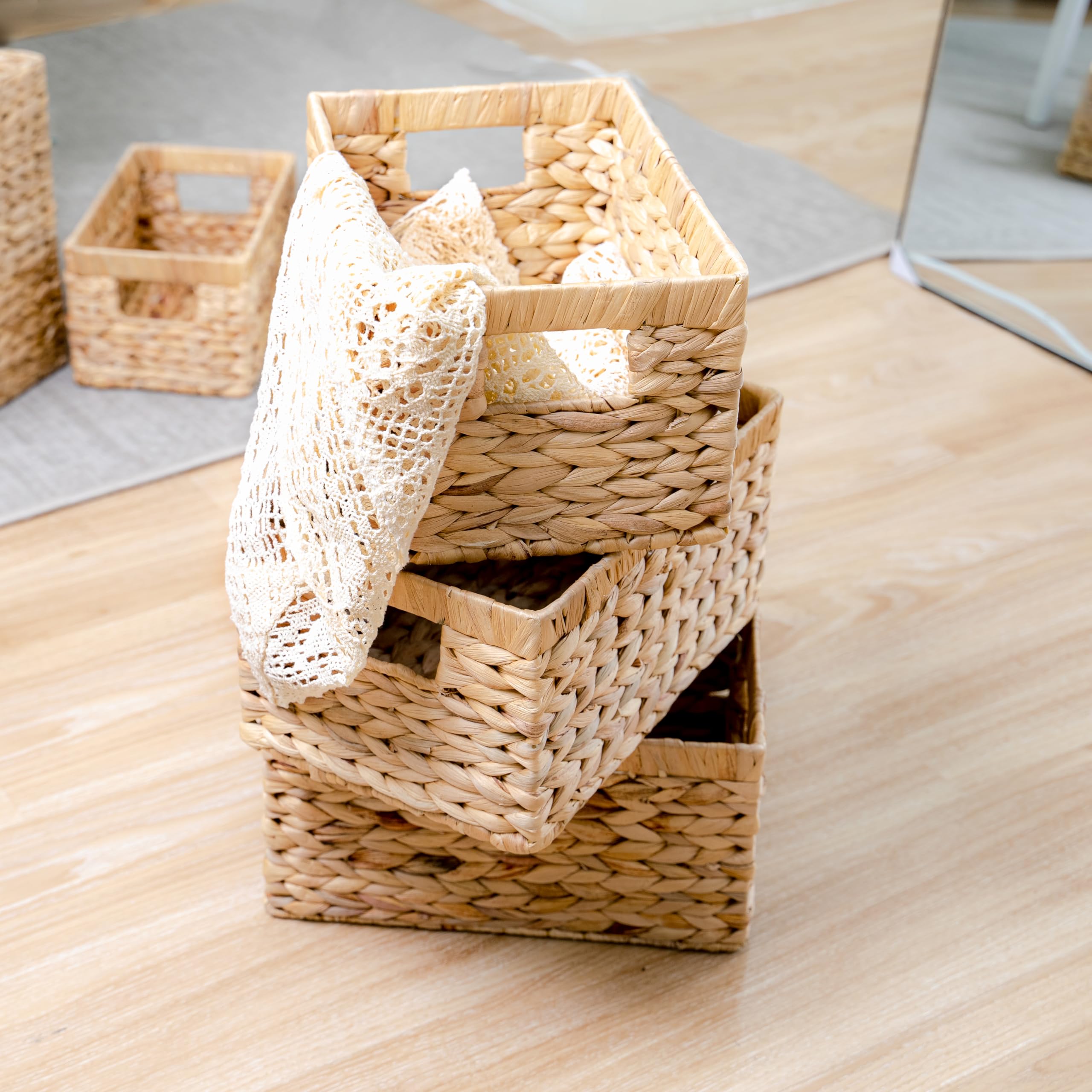 6-Pack Medium Woven Wicker Storage Baskets - Natural Water Hyacinth Storage Bins for Shelves, Home Organization, Laundry & Closet | Perfect for Farmhouse, Boho & Coastal Decor