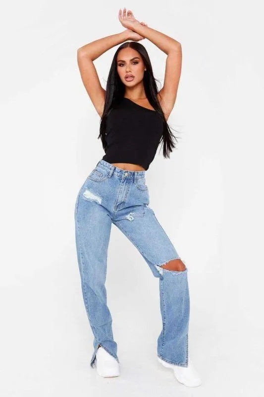 Women's Straight Ripped Jeans with Ankle Slits - Trendy Distressed Denim Pants for Casual Outfits & Streetwear Fashion
