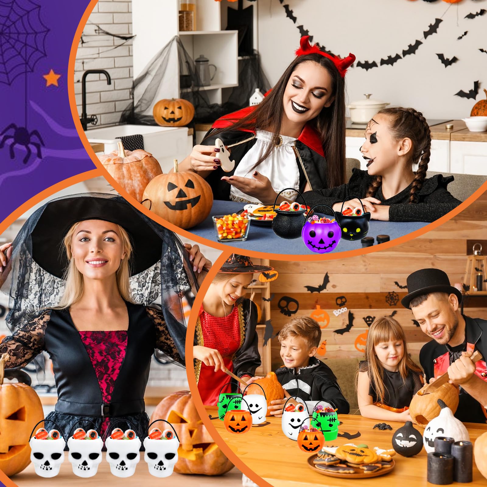 14 PCS Mini Halloween Candy Holder Set - Portable Pumpkin Ghost Cauldron Bucket with Candy Bags & Black Wire Ties | Halloween Party Supplies for Kids | Perfect for Trick or Treat, Classroom Parties & Neighborhood Halloween Events