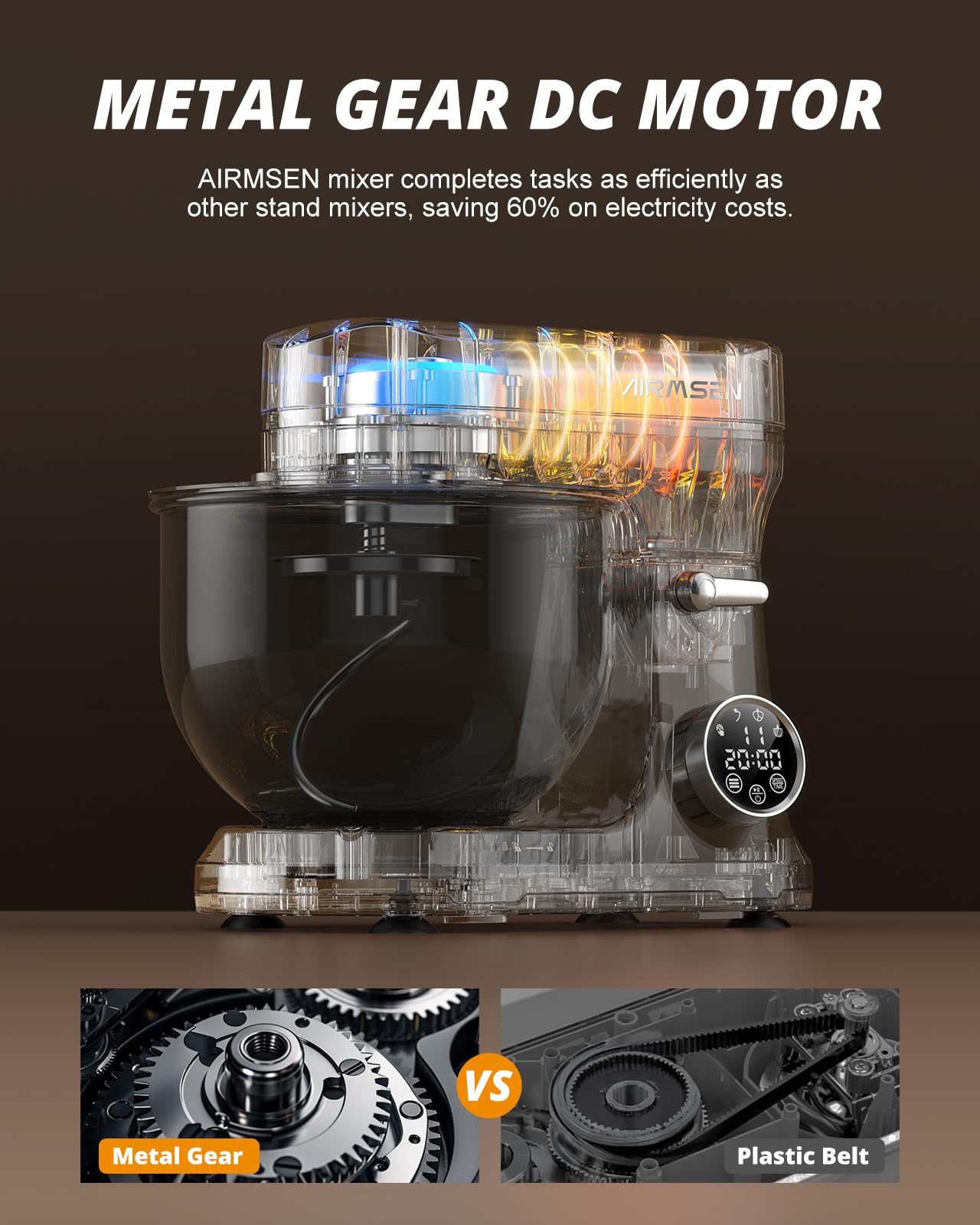 AIRMSEN 5.3QT Stand Mixer with LED Touchscreen & Timer - 11-Speed Tilt-Head Electric Dough Mixer with 3-in-1 Attachments - Perfect for Baking Bread, Cakes, Cookies & More - Ideal for Home Bakers & Professional Kitchens - Black and Gray