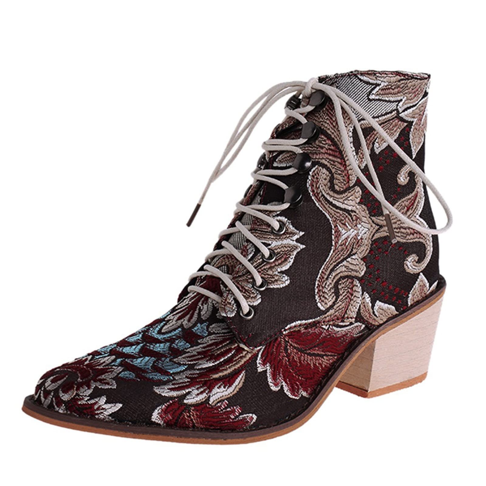 Stylish Women's Ankle Boots with Embroidery & Lace-Up Design - Retro Pointed Toe Dress Booties for Women - Perfect for Office, Parties & Fall Fashion Outfits