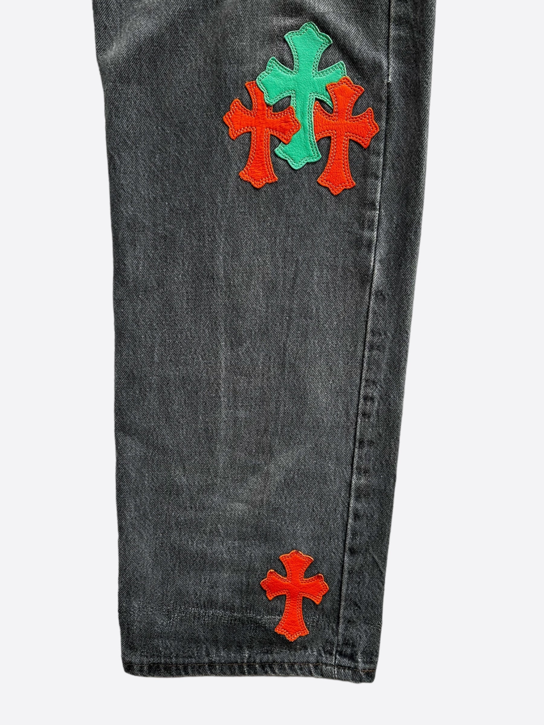 Chrome Hearts x Levi's Miami Patch Jeans - Grey, Green & Orange Distressed Denim for Men | Vintage Style Streetwear & Casual Outfits