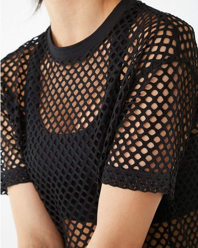 CLOZOZ Women's See-Through Mesh Fishnet Crop Top T-Shirt - Sexy Summer Beach Cover Up, Festival Outfit & Party Wear