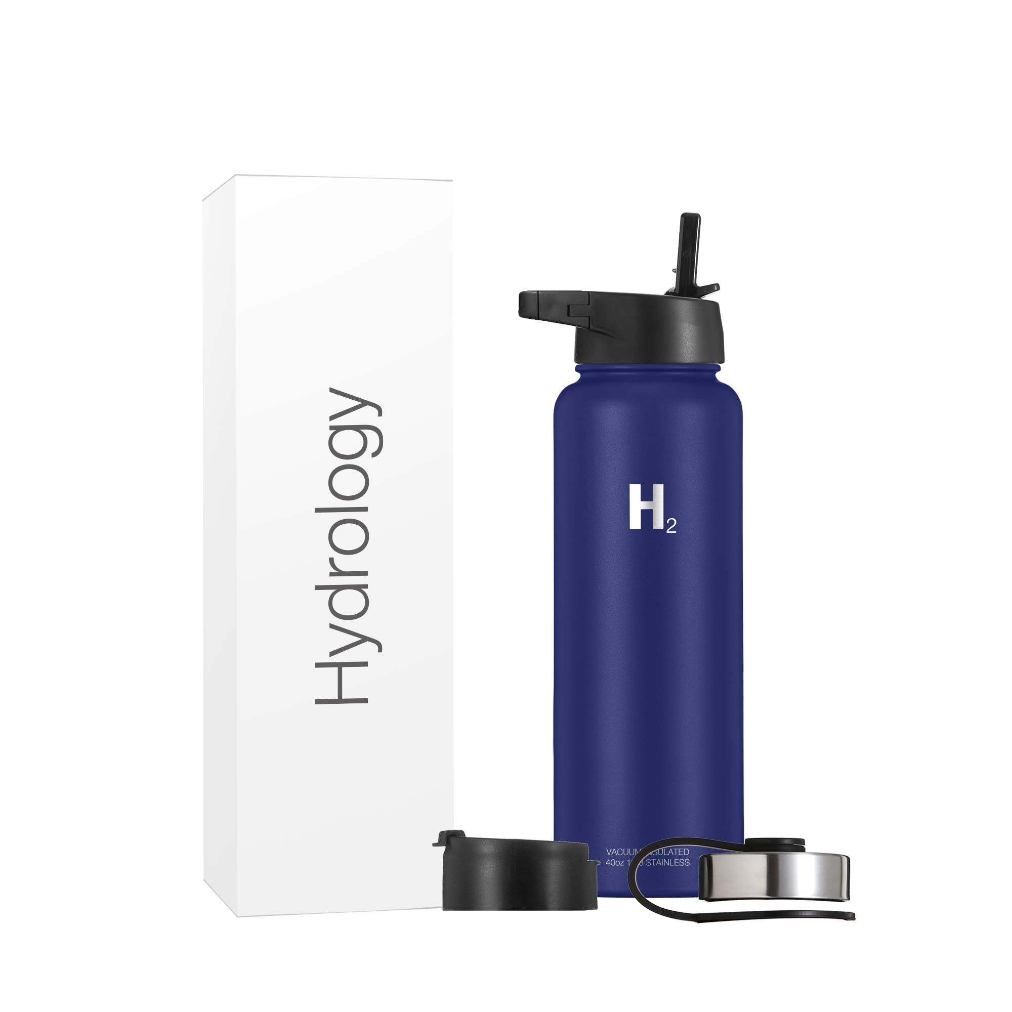H2 Hydrology Stainless Steel Water Bottle - 40oz Large Insulated Vacuum Double Wall Metal Bottle with Straw & 3 Lids (Blue) - Perfect for Gym, Hiking, Camping & Outdoor Activities