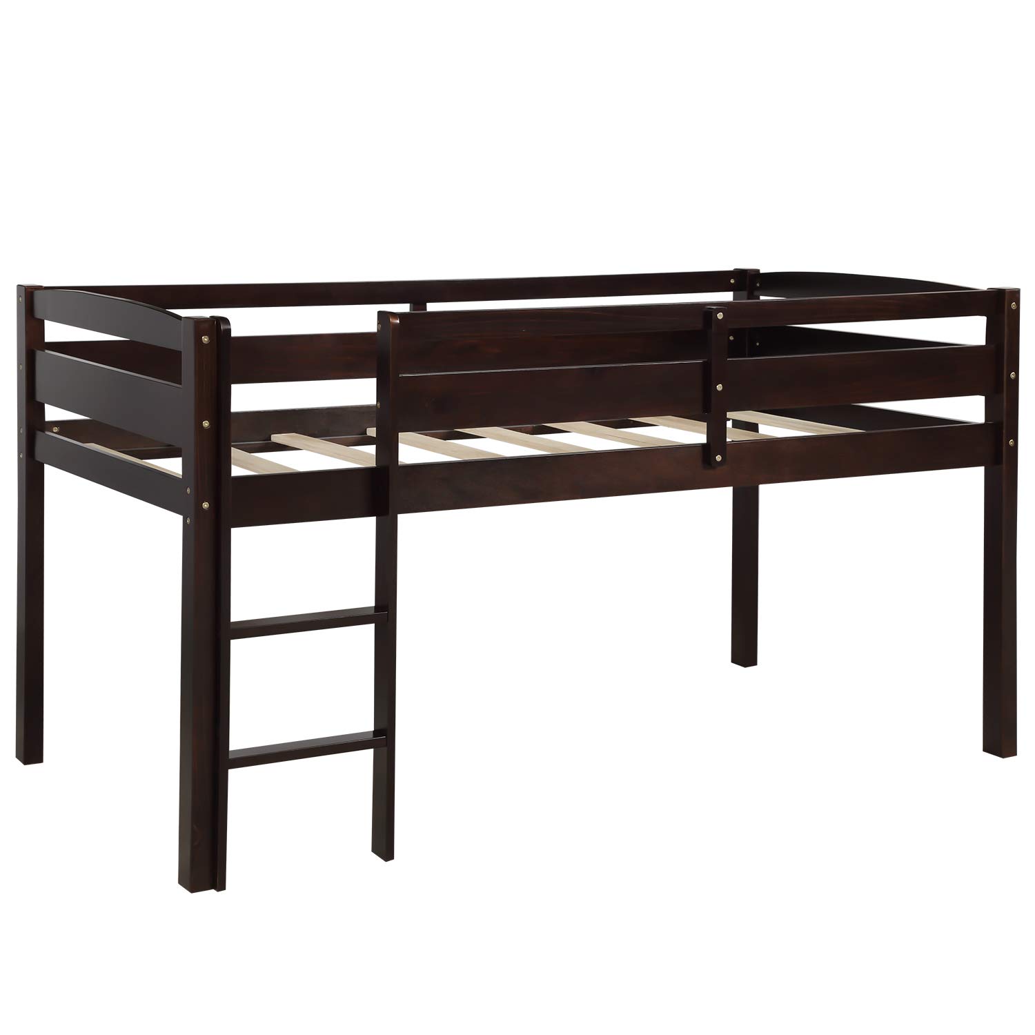 Twin Size Loft Bed with Guard Rail & Ladder - Solid Wood Low Loft Bed for Kids, Teens, Boys & Girls - No Box Spring Needed - Easy Assembly - Espresso Finish - Perfect for Small Bedrooms, Dorm Rooms & Guest Rooms