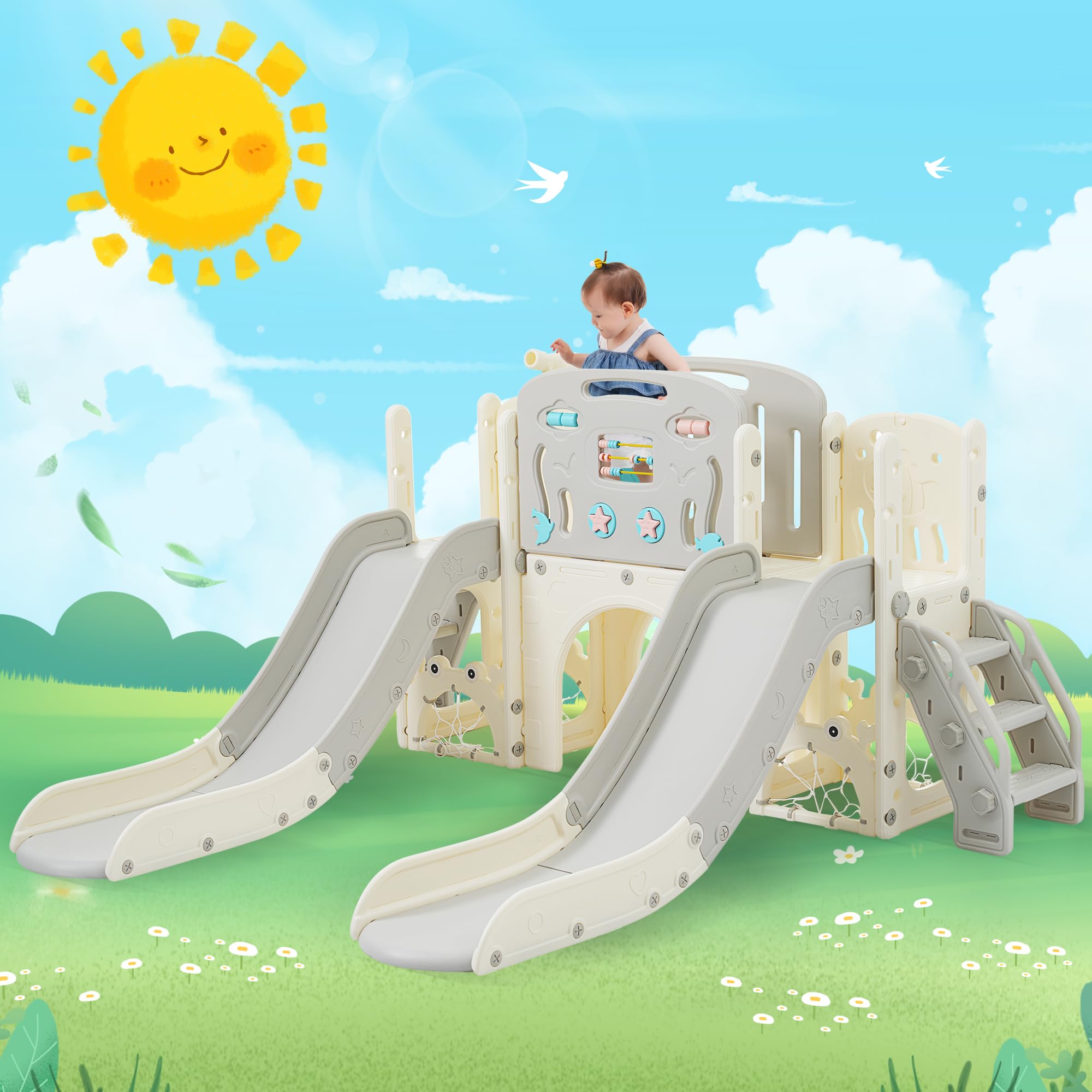 8-in-1 Toddler Double Slide Playset with Football Net & Telescope - Indoor/Outdoor Baby Slide for Kids Ages 1-5 Years - Perfect for Backyards, Playrooms & Daycare Centers