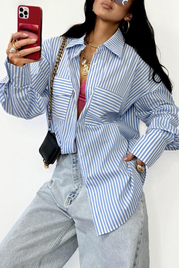 Stylish Stripe Print Lapel Long Sleeve Pocket Casual Shirt for Men - Perfect for Office, Business Meetings & Smart Casual Outfits