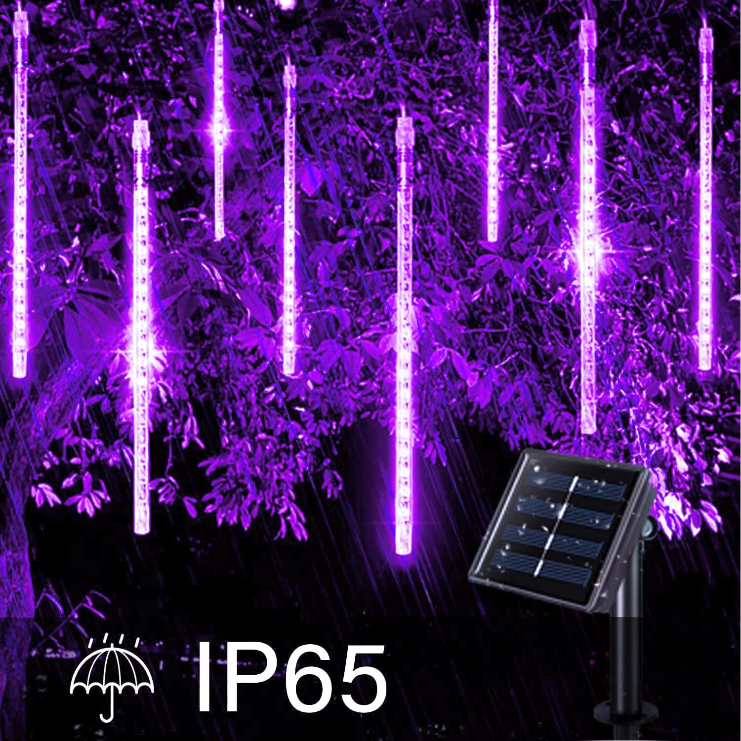 JMEXSUS 144 LED Solar Meteor Shower Lights Outdoor - 8 Tube Waterproof Christmas Lights for Tree, Halloween, Patio, Yard & Holiday Party Decor (Purple) - Perfect for Garden, Pathway, and Festive Celebrations