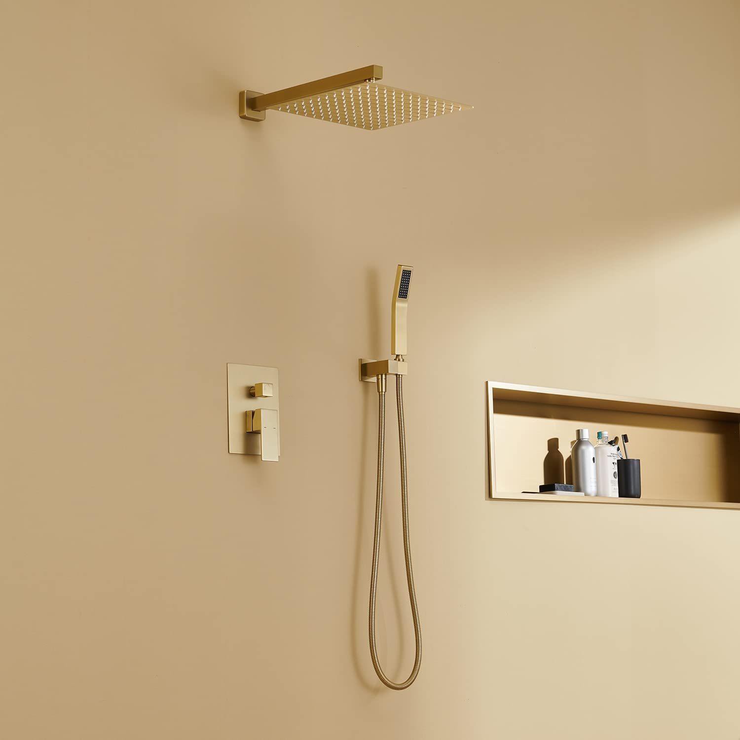 12 Inch Brushed Gold Rain Shower System - Wall Mount Bathroom Faucet Combo with Rainfall Shower Head & Handheld Shower - Perfect for Modern Luxury Bathrooms & Spa-Like Shower Experience