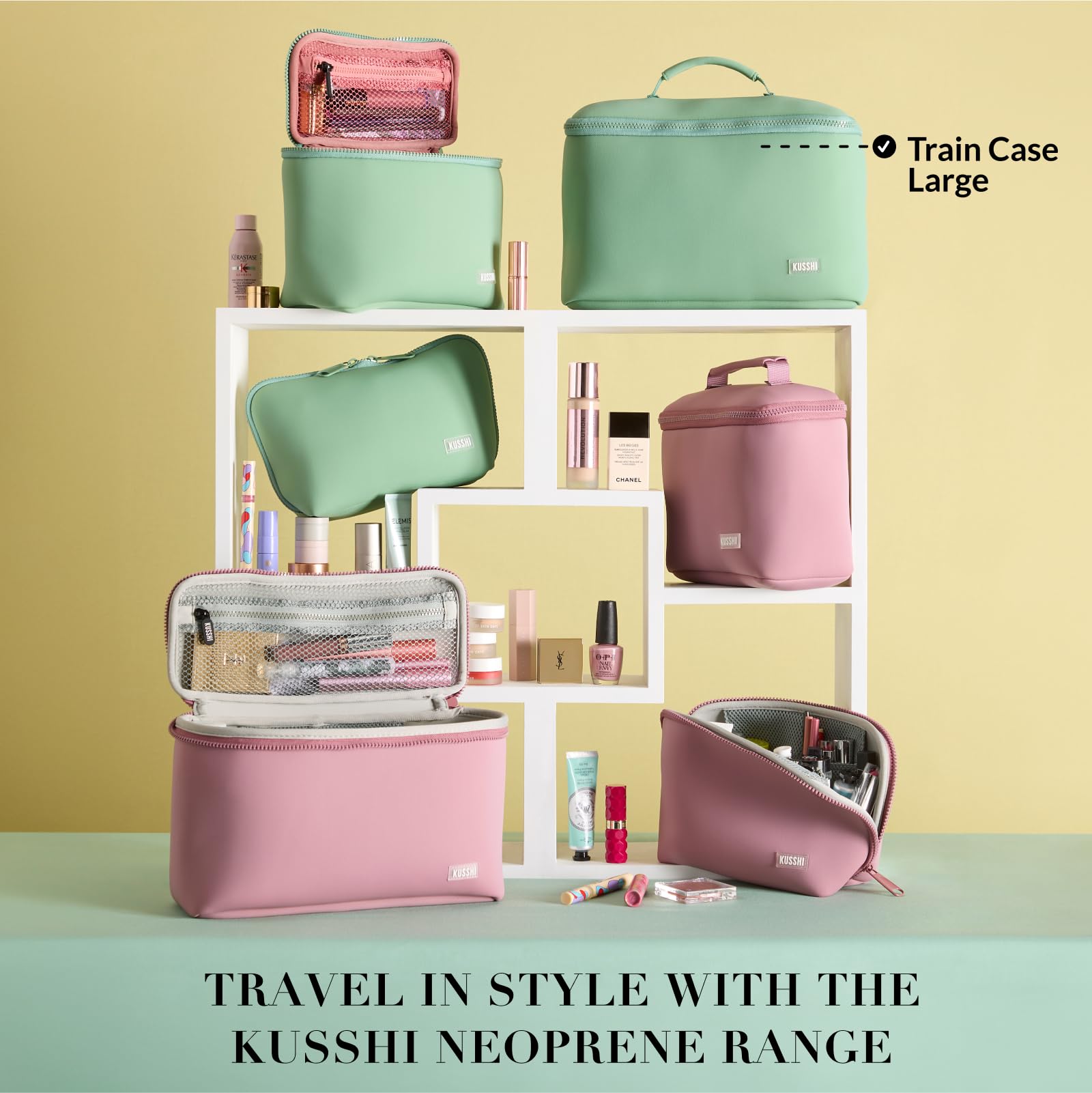KUSSHI Large Neoprene Train Case - Sage & Coral Rose Makeup Organizer | Perfect for Travel, Salon & Professional Makeup Artists