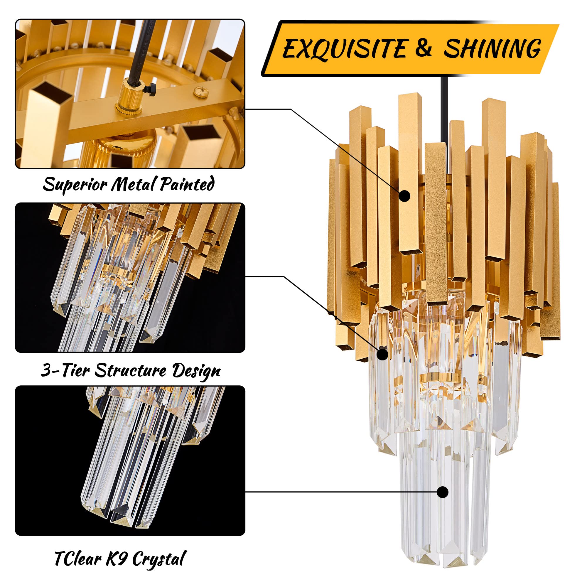 Luxury Gold Crystal Pendant Light - Modern Mini Chandelier for Dining Room, Bedroom, Kitchen & Living Room - Elegant Ceiling Lighting Fixture Set of 3 - Perfect for Home Decor, Wedding & Restaurant Ambiance