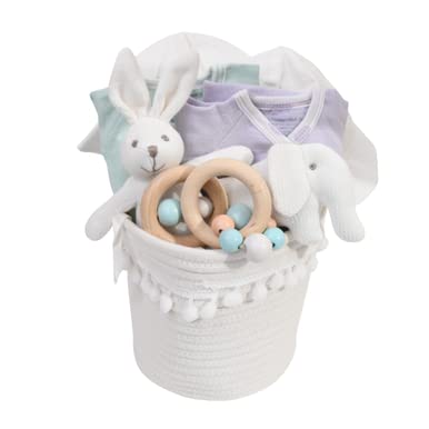 Organic Baby Gift Basket for Twins - Kimono Romper Set (Green), Sun Hats & Rattles - Perfect Newborn Shower Present & Gender Reveal Gift
