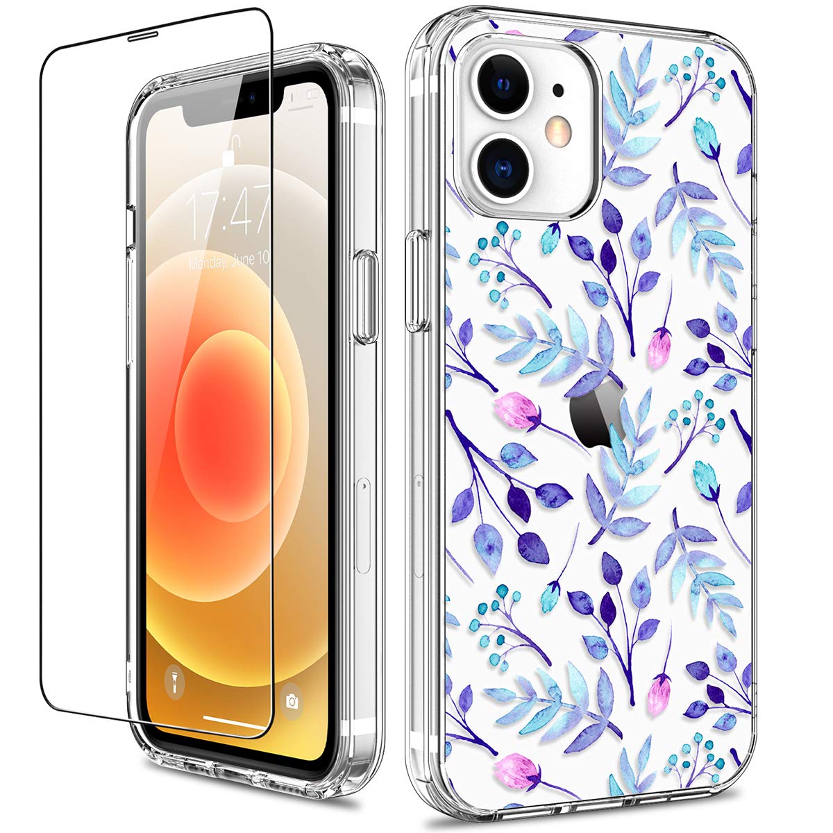 GiiKa Clear Full Body Protective Case for iPhone 12 & iPhone 12 Pro - Shockproof Hard Cover with TPU Bumper, Blue Floral Design - Perfect for Women & Girls, Everyday Use & Gift Giving