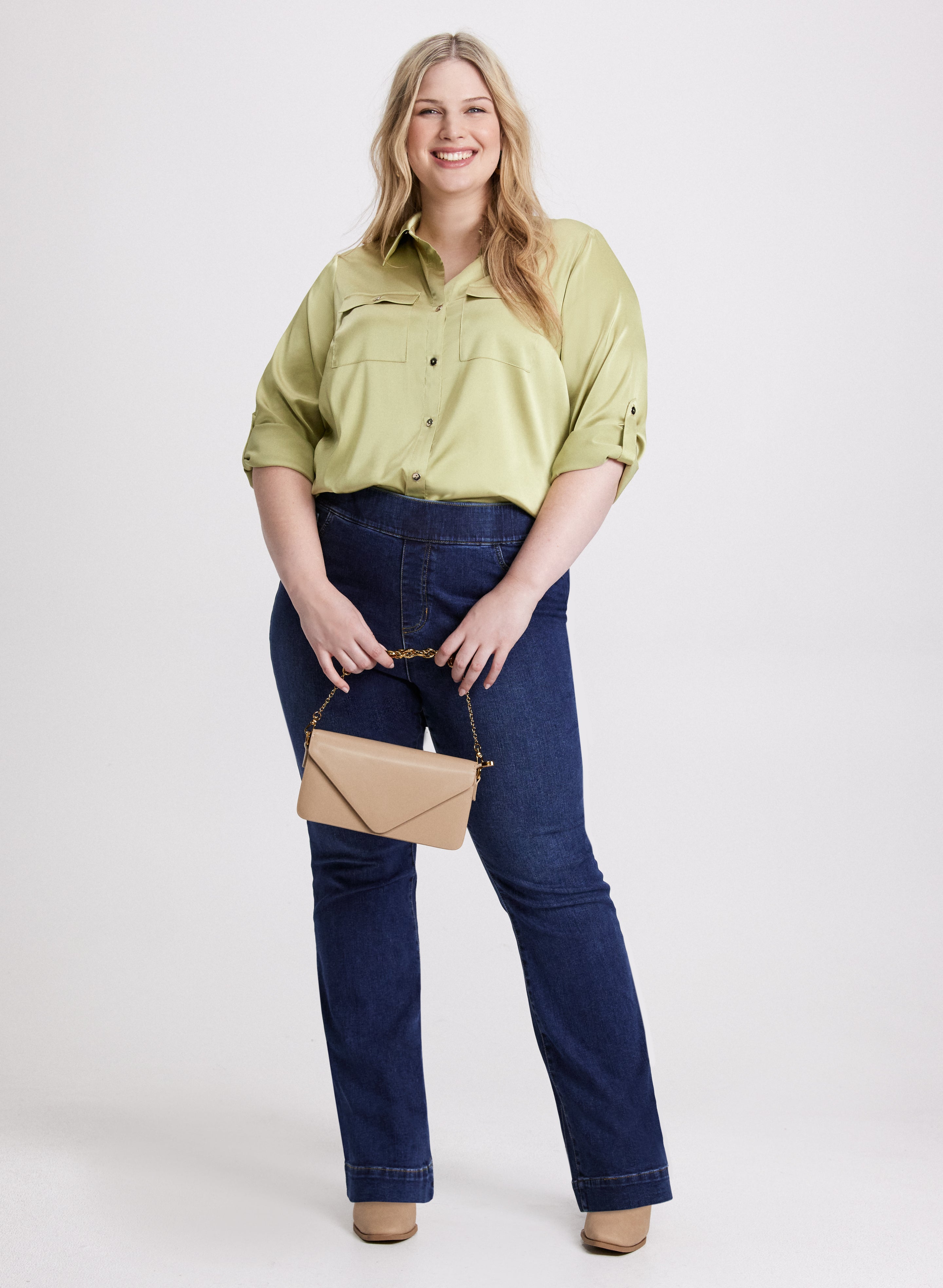 Flare Leg Pull On Jeans for Women - Stretchy High Waist Bootcut Denim Pants - Perfect for Casual Wear, Office & Date Night