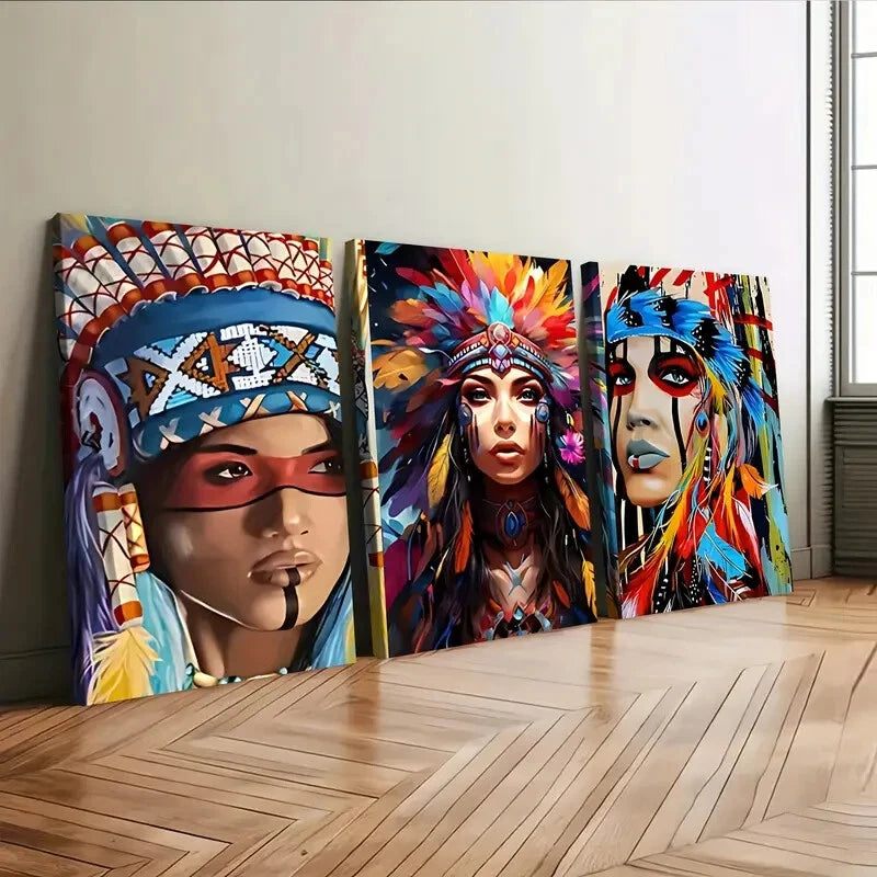 3-Piece Aboriginal Chief Portrait Wall Art Set - Elegant Framed Canvas 40x60cm | High Quality Australian-Made Print | Ready to Hang | Perfect for Living Room, Bedroom & Office Decor