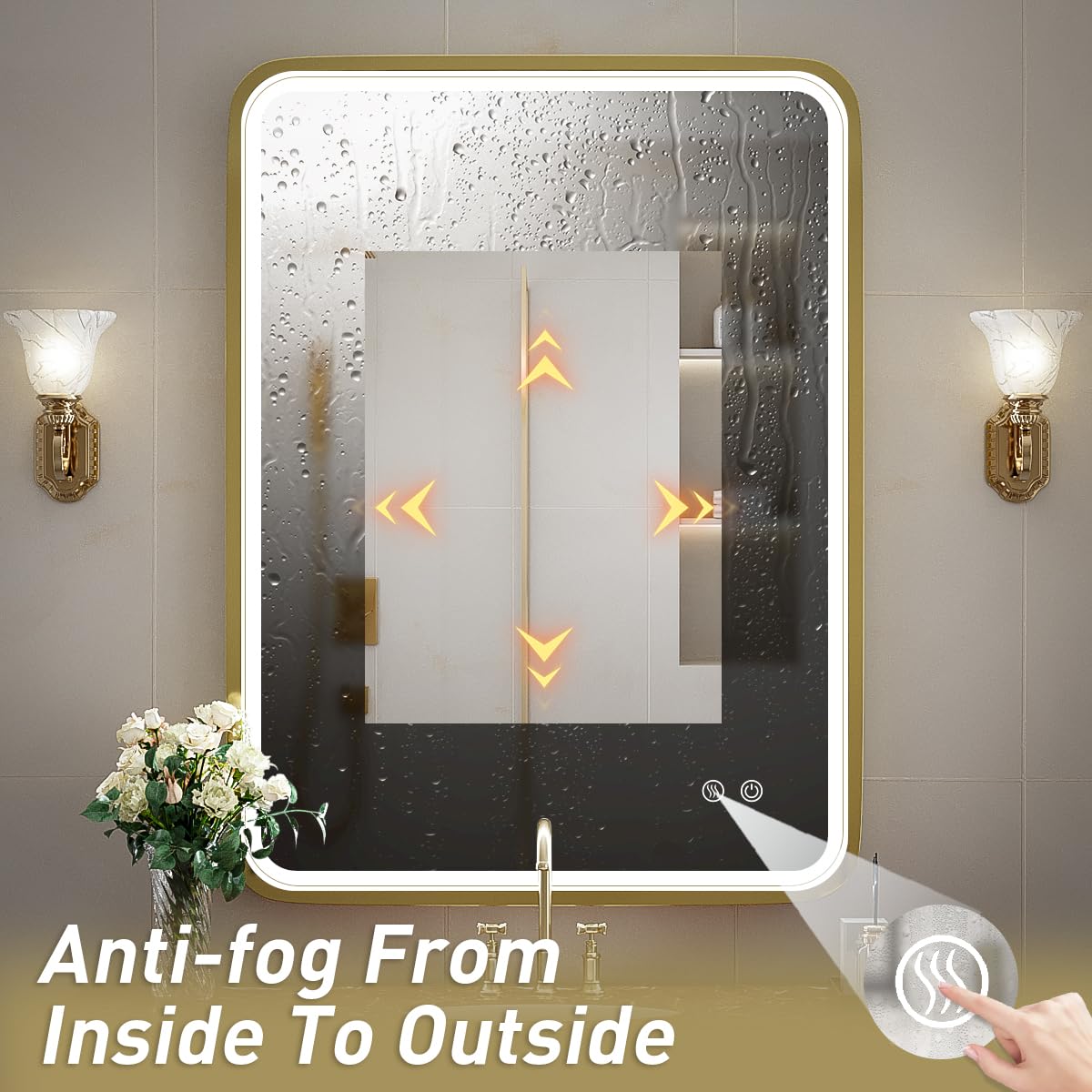 24x32 Inch LED Bathroom Mirror with Lights - Gold Framed Wall Mounted Vanity Mirror, Anti-Fog, Dimmable & Touch Control for Makeup (Horizontal/Vertical) - Perfect for Modern Bathrooms, Dressing Rooms & Vanity Areas