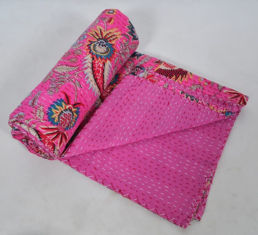Handmade Indian Kantha Quilt - 100% Cotton Soft Block Print Blanket for Bed, Sofa & Decor | Traditional Throw Bedspread | Twin Size 90x60 Inch Pink | Perfect for Cozy Nights, Guest Rooms & Boho Home Decor