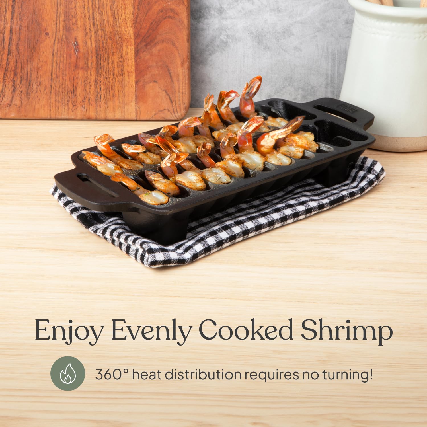 TOMO Cast Iron Shrimp Grill Pan - Heavy Duty Skillet for BBQ, Seafood & Vegetables - Perfect for Grilling, Roasting & Searing - Indoor & Outdoor Cooking