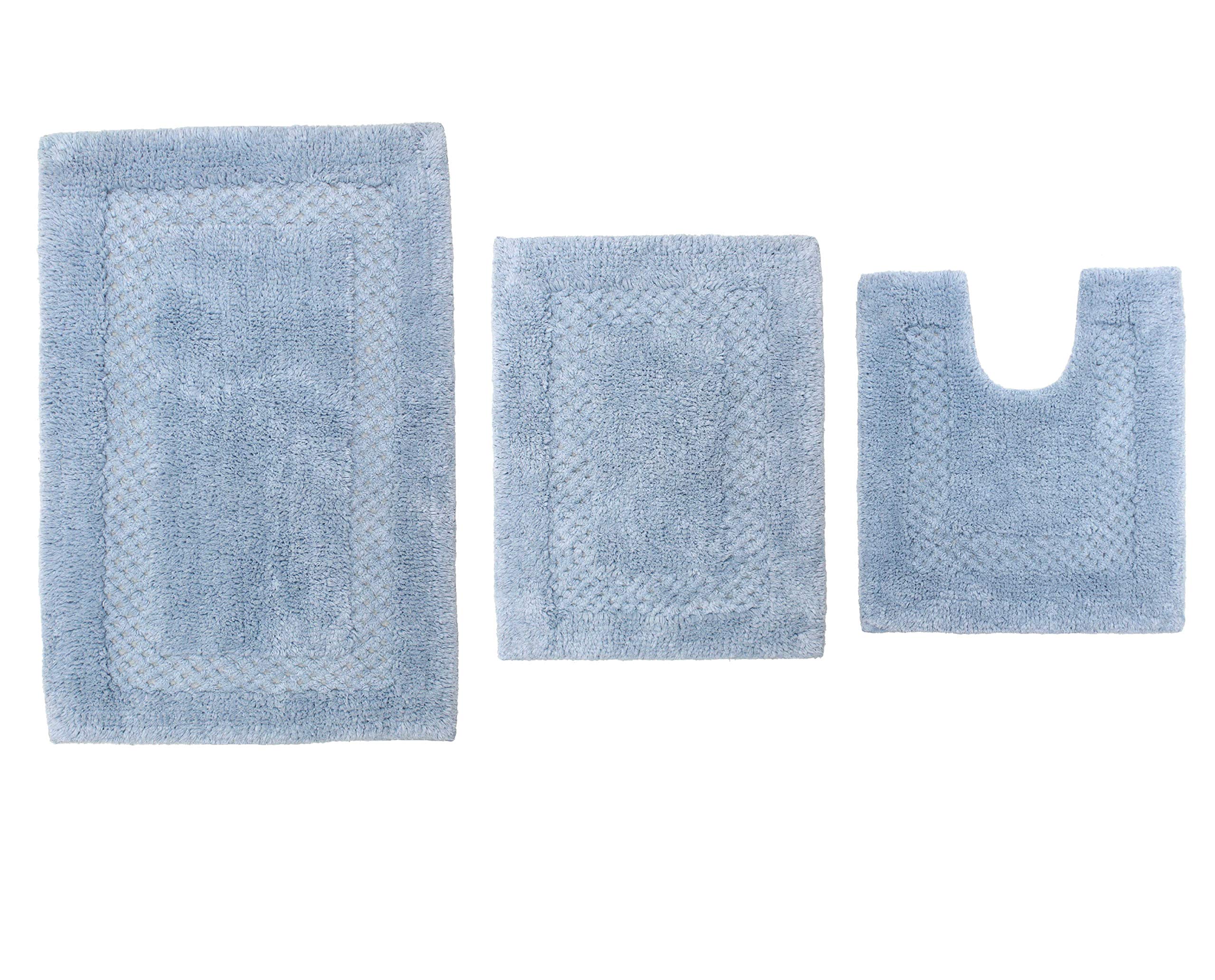 Premium 100% Cotton Bathroom Rugs Set - Ultra Soft & Absorbent Non-Slip Bath Mat, Washable Contour Bathroom Floor Mat & Kitchen Rug (3-Piece Set, Blue) - Perfect for Bathroom Safety & Cozy Home Decor