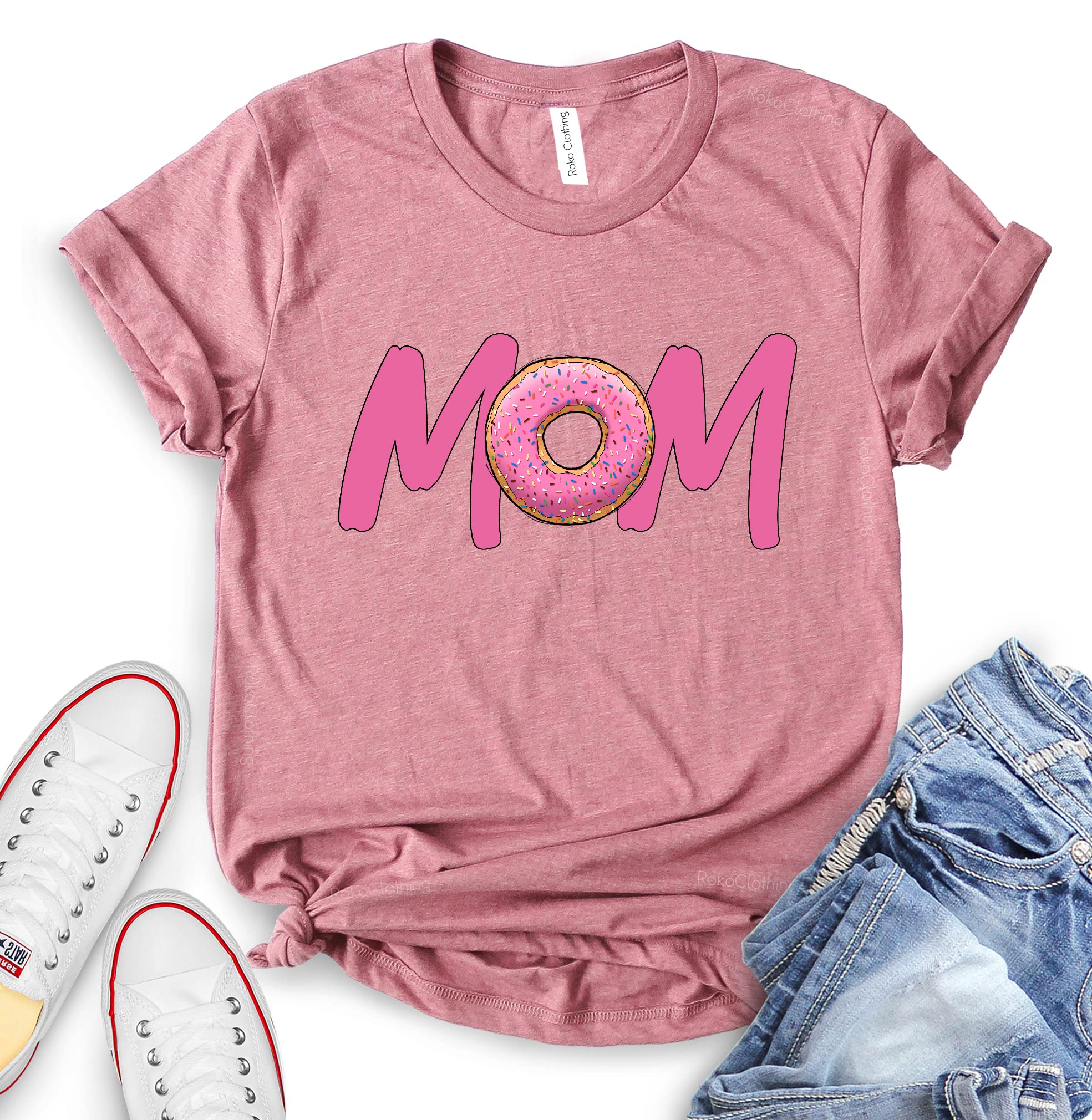 ROKO CLOTHING Donut Mom T-Shirt - Short Sleeve Birthday Girl Letter Print Top for Women & Men - Perfect for Birthday Parties, Mother's Day & Family Celebrations