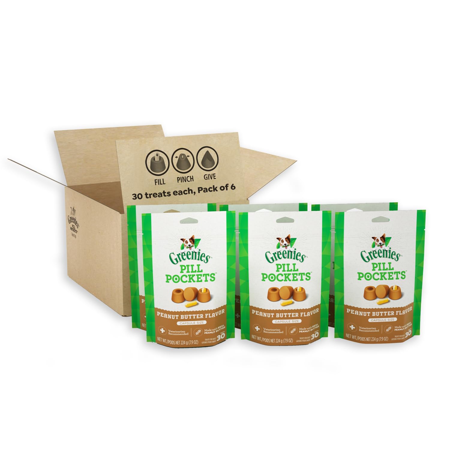 Greenies Pill Pockets for Dogs - Natural Soft Dog Treats with Real Peanut Butter, Capsule Size (6 Pack, 180 Treats) | Easy Medication for Dogs | Perfect for Picky Eaters & Daily Health Care