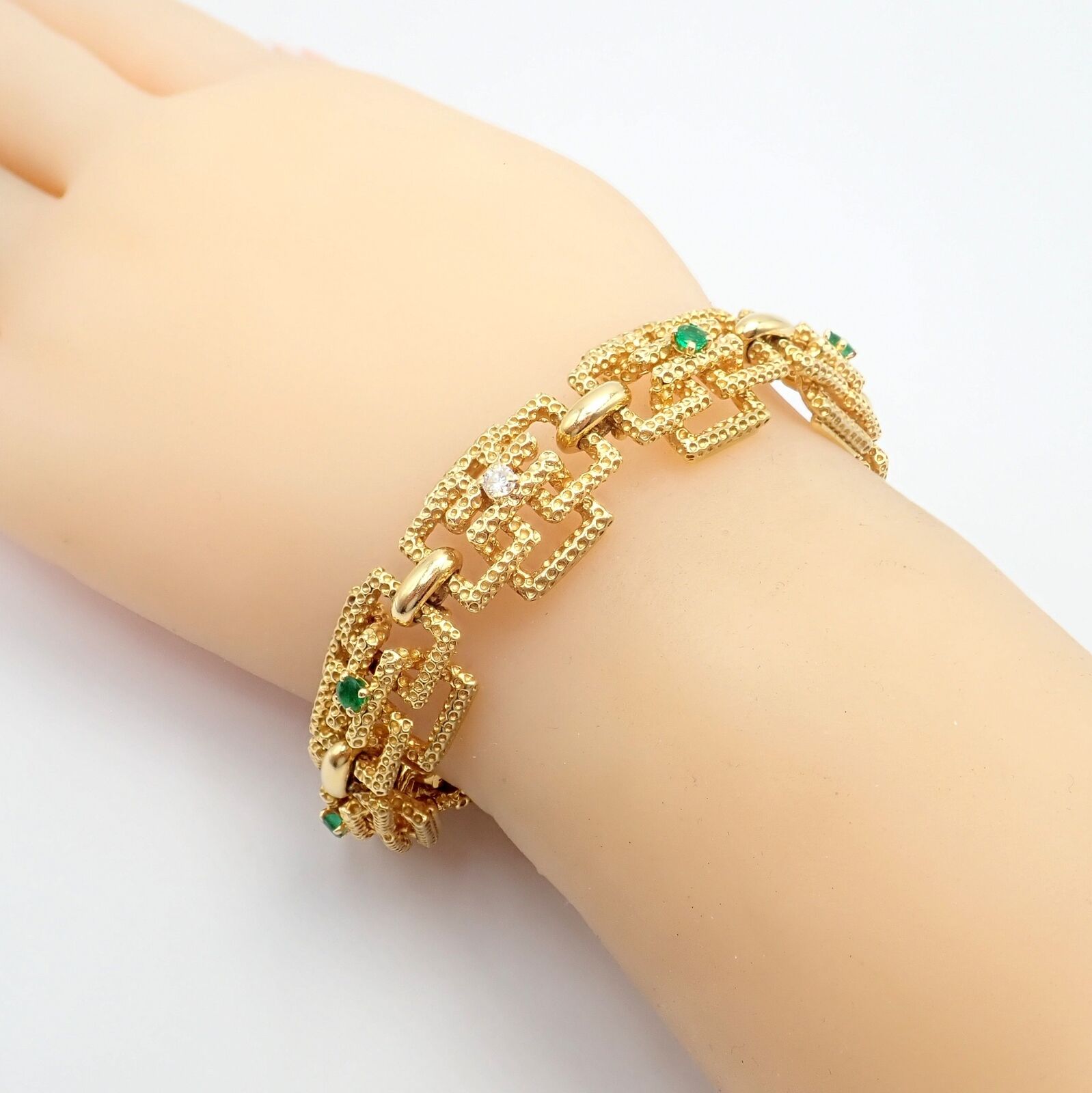 Vintage Tiffany & Co France 18k Yellow Gold Diamond Emerald Bracelet - Luxury Jewelry Gift for Women, Anniversary & Special Occasions